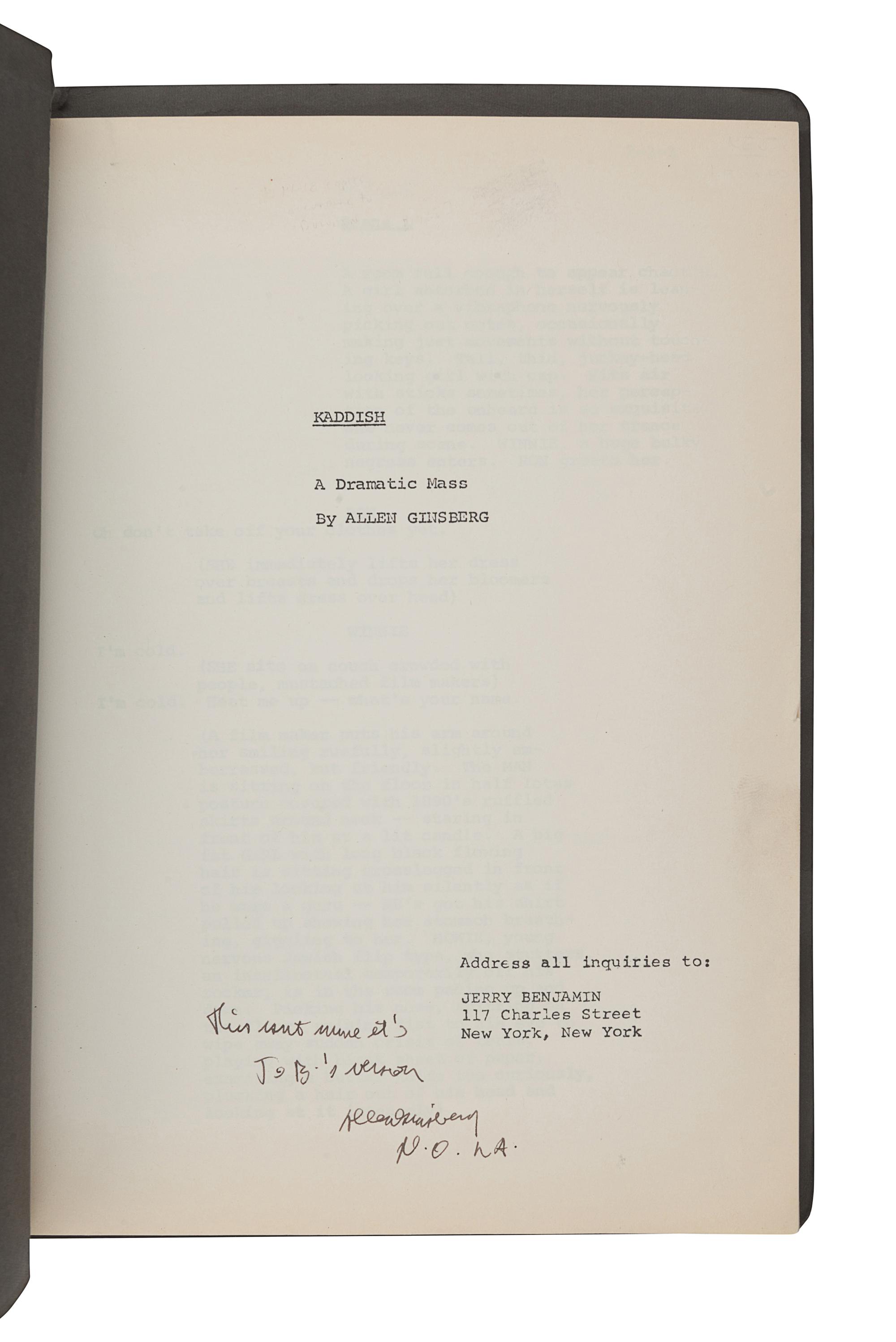[GINSBERG, Allen]. BENJAMIN, Jerry. Kaddish: A Dramatic Mass by Allen Ginsberg . [New York]: Studio duplicating service, [ca 1965].