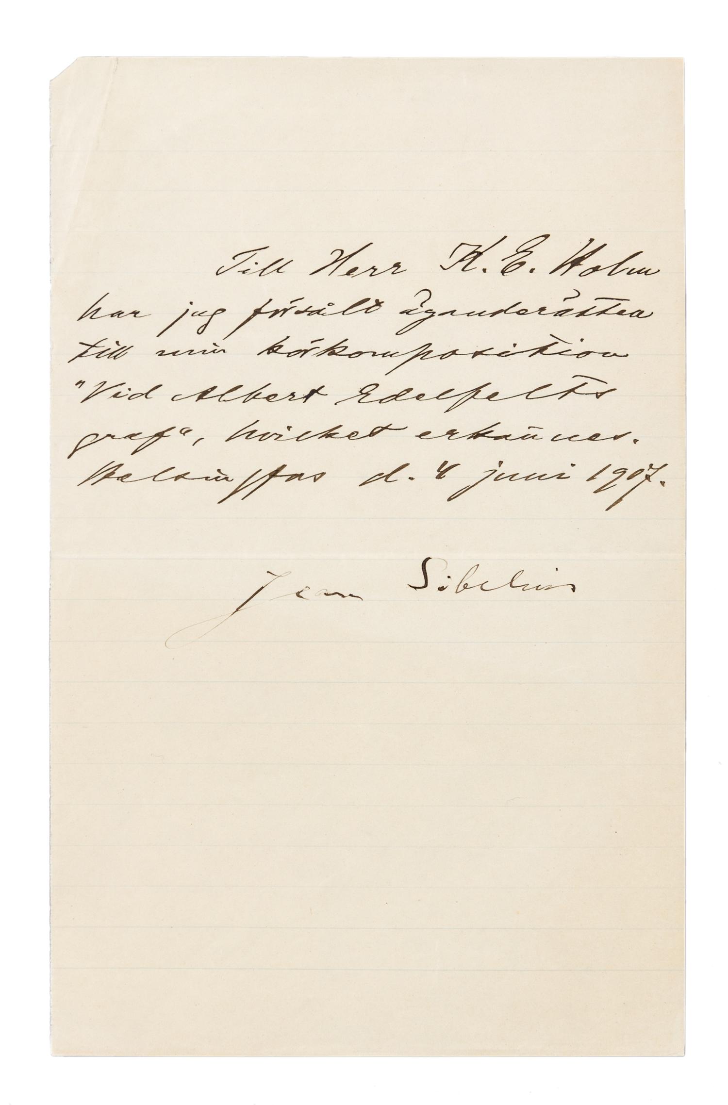 SEBELIUS, Jean (1865-1957). Autograph note signed ("Jean Sebelius"). Helsinki, 4 June 1907.