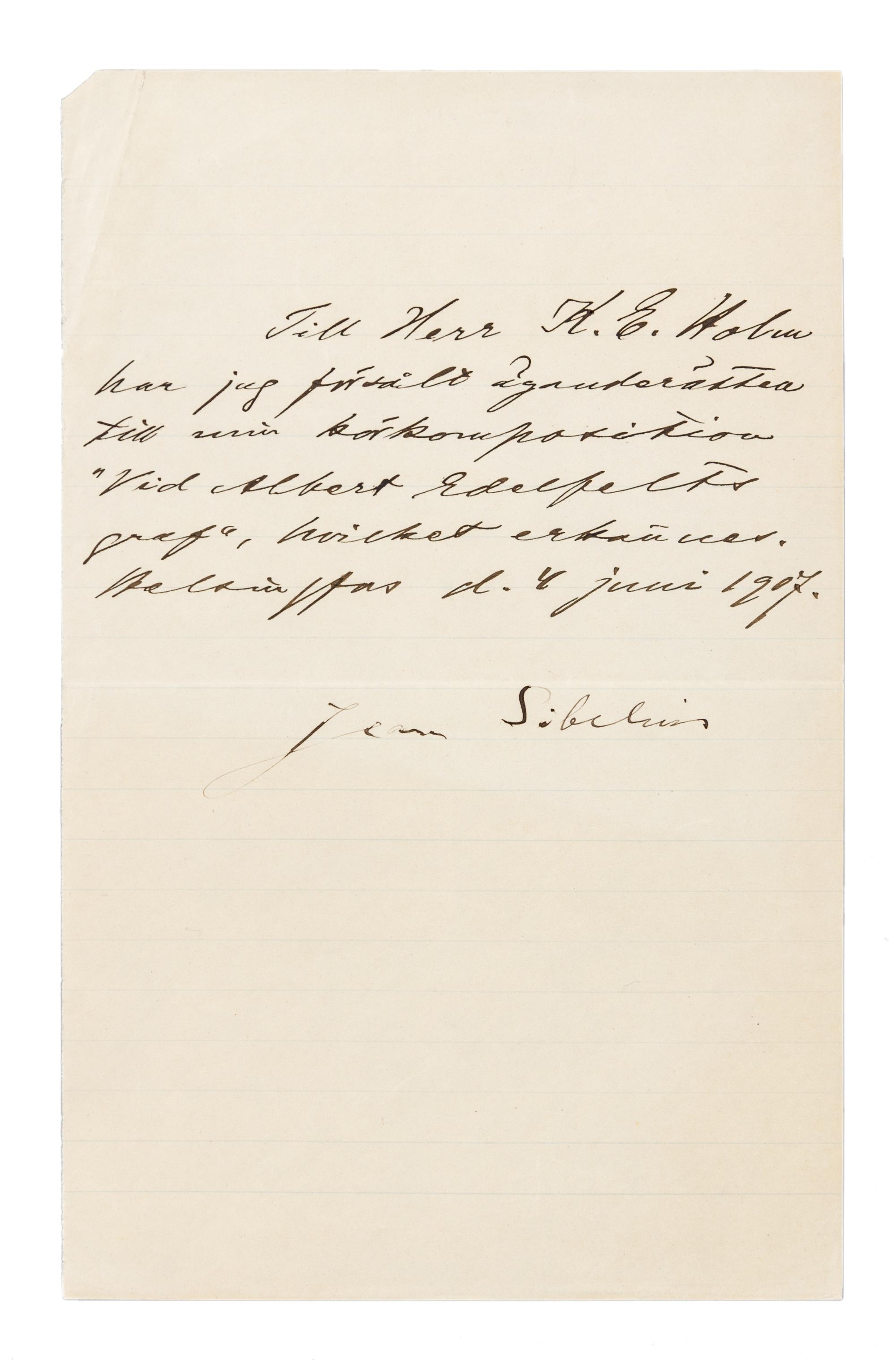 SEBELIUS, Jean (1865-1957). Autograph note signed ("Jean Sebelius"). Helsinki, 4 June 1907.