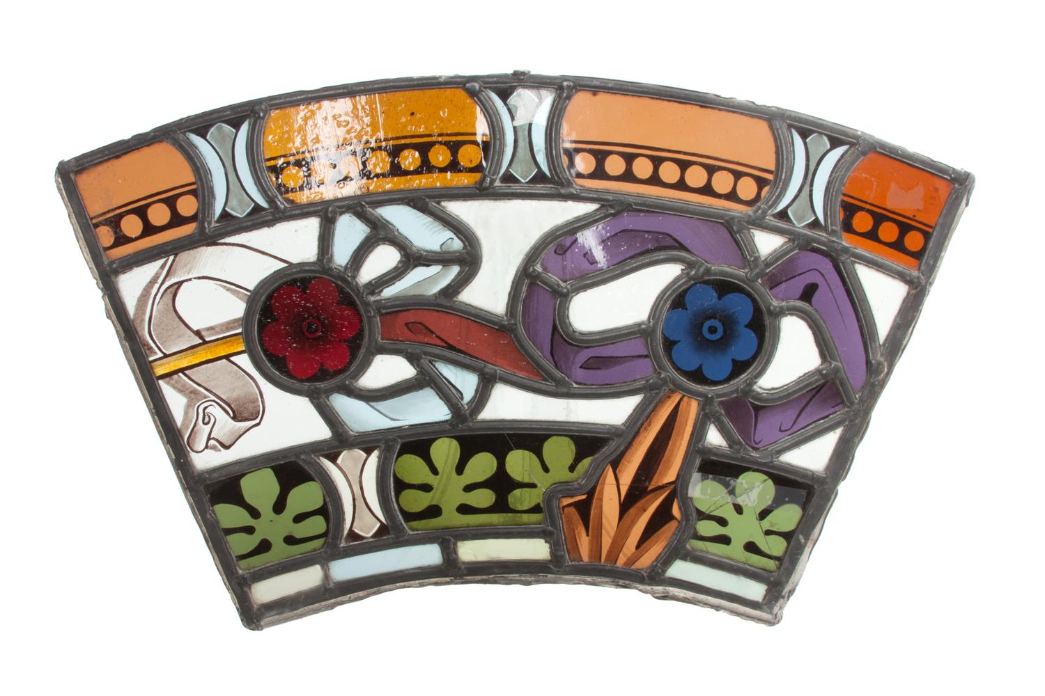A Collection of Twelve Leaded Glass Windows Largest: 17 1/2 x 39 1/2 inches.