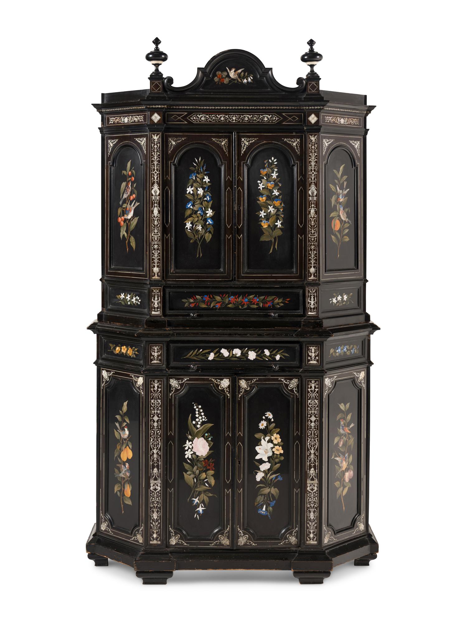 An Italian Marquetry and Pietra Dura Plaque Mounted Ebonized Cabinet