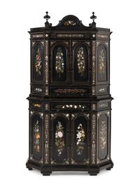 An Italian Marquetry and Pietra Dura Plaque Mounted Ebonized Cabinet