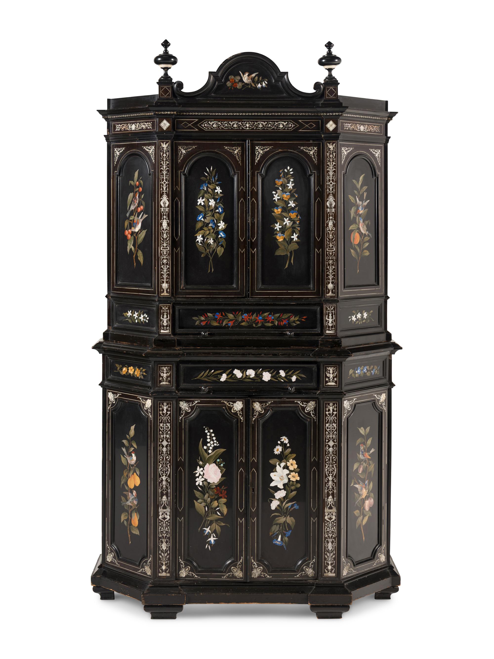 An Italian Marquetry and Pietra Dura Plaque Mounted Ebonized Cabinet
