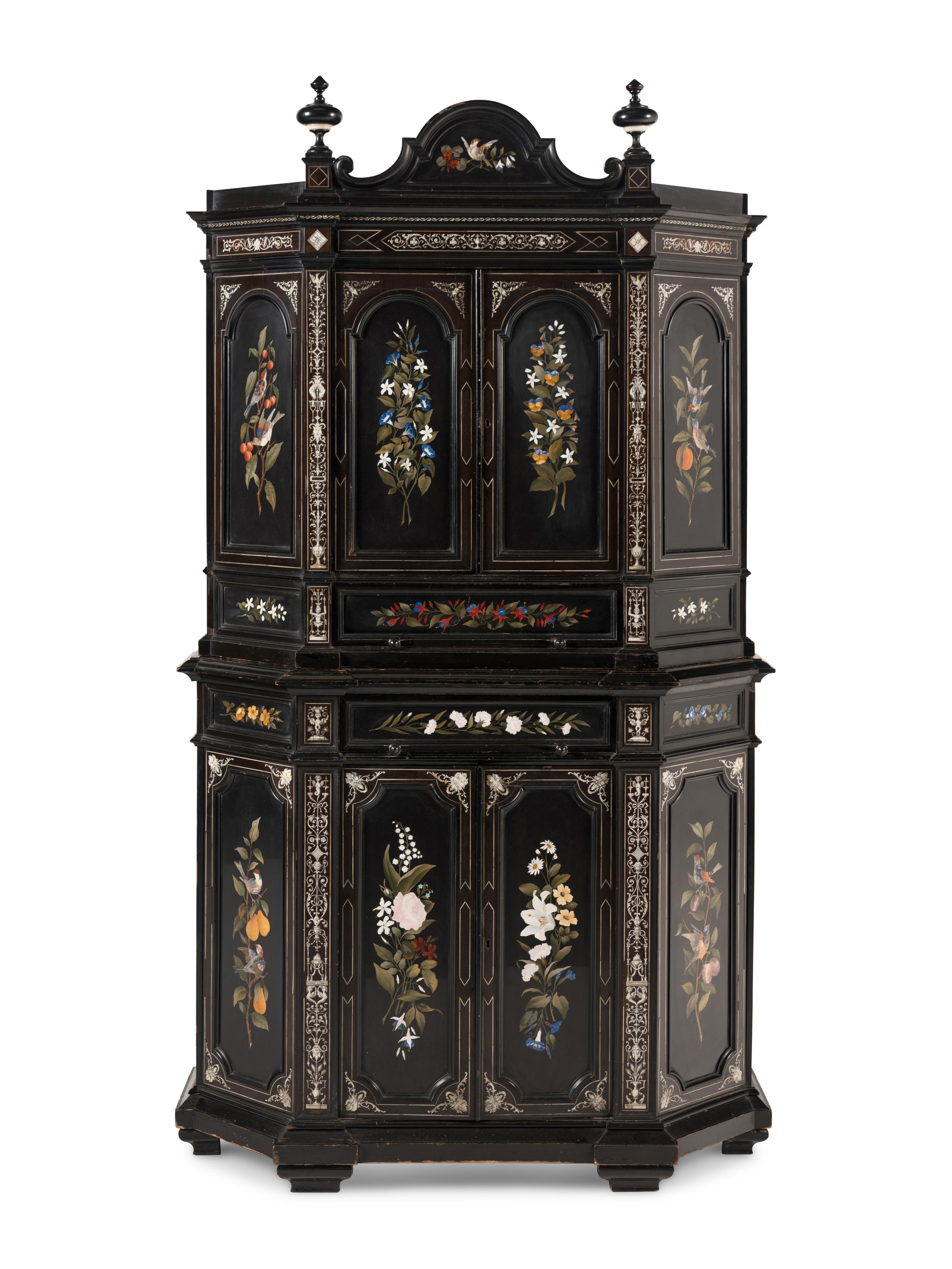An Italian Marquetry and Pietra Dura Plaque Mounted Ebonized Cabinet