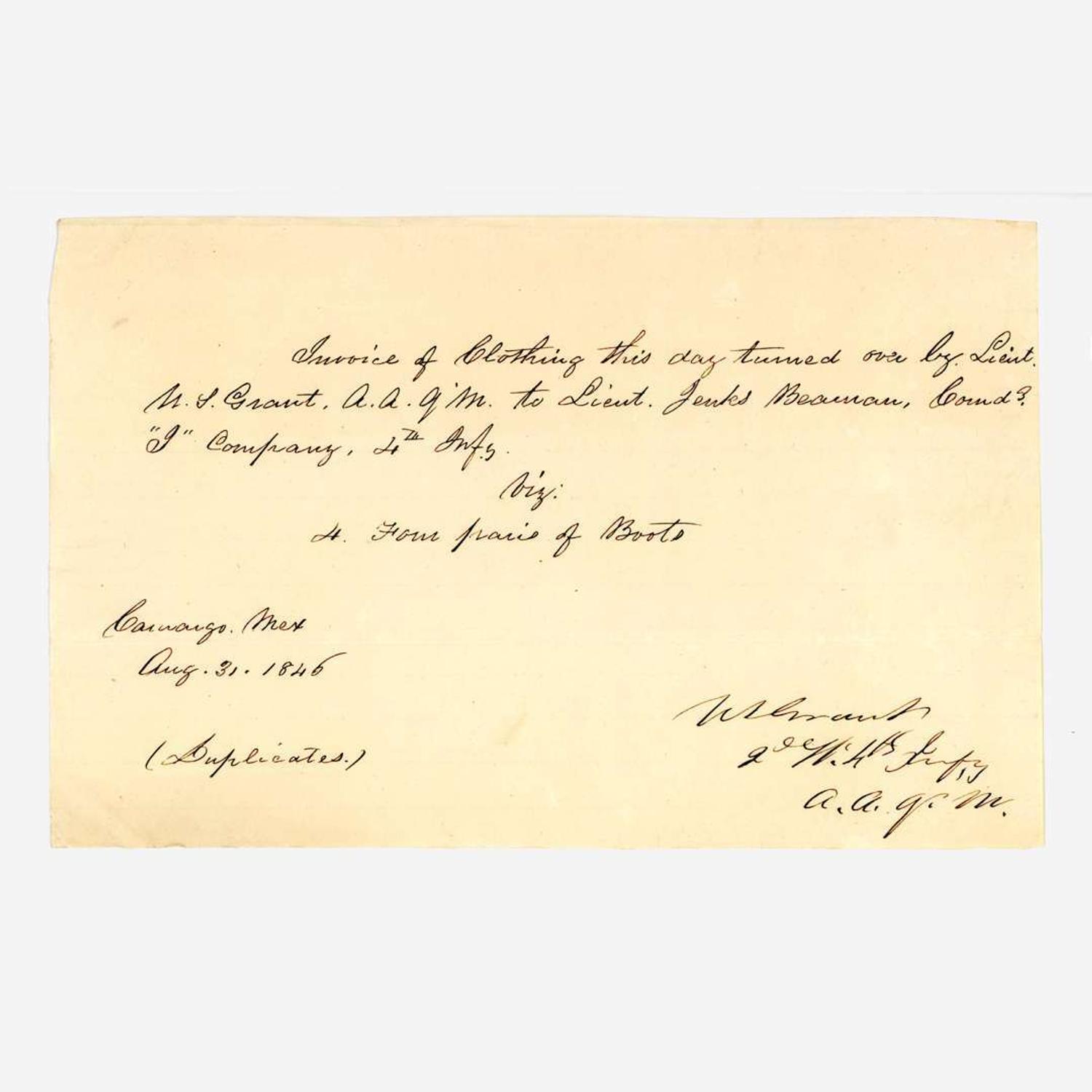[Americana] Grant, Ulysses S. Signed Receipt