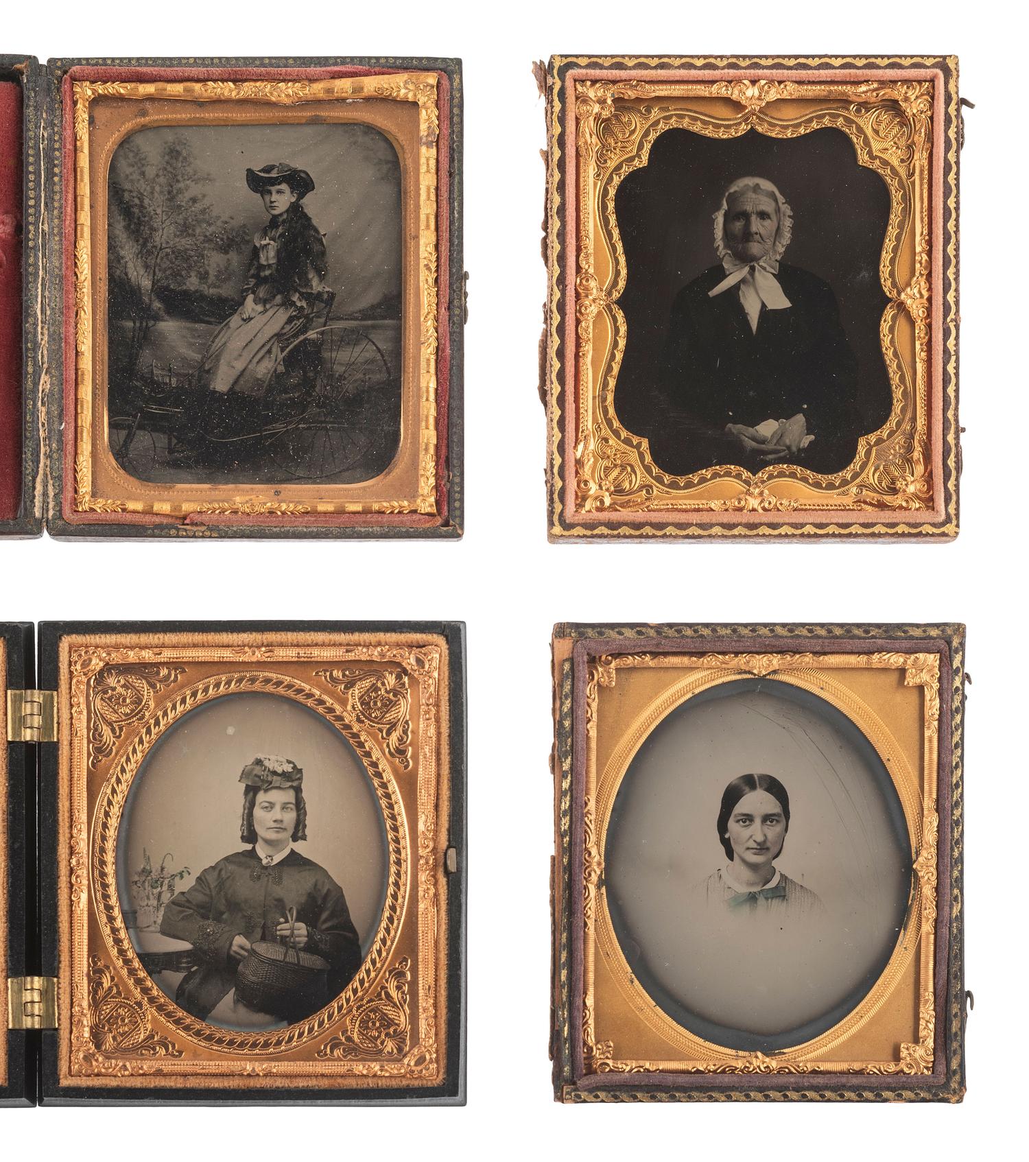 [EARLY PHOTOGRAPHY]. 57 sixth and ninth plate ambrotypes and tintypes of men and women.