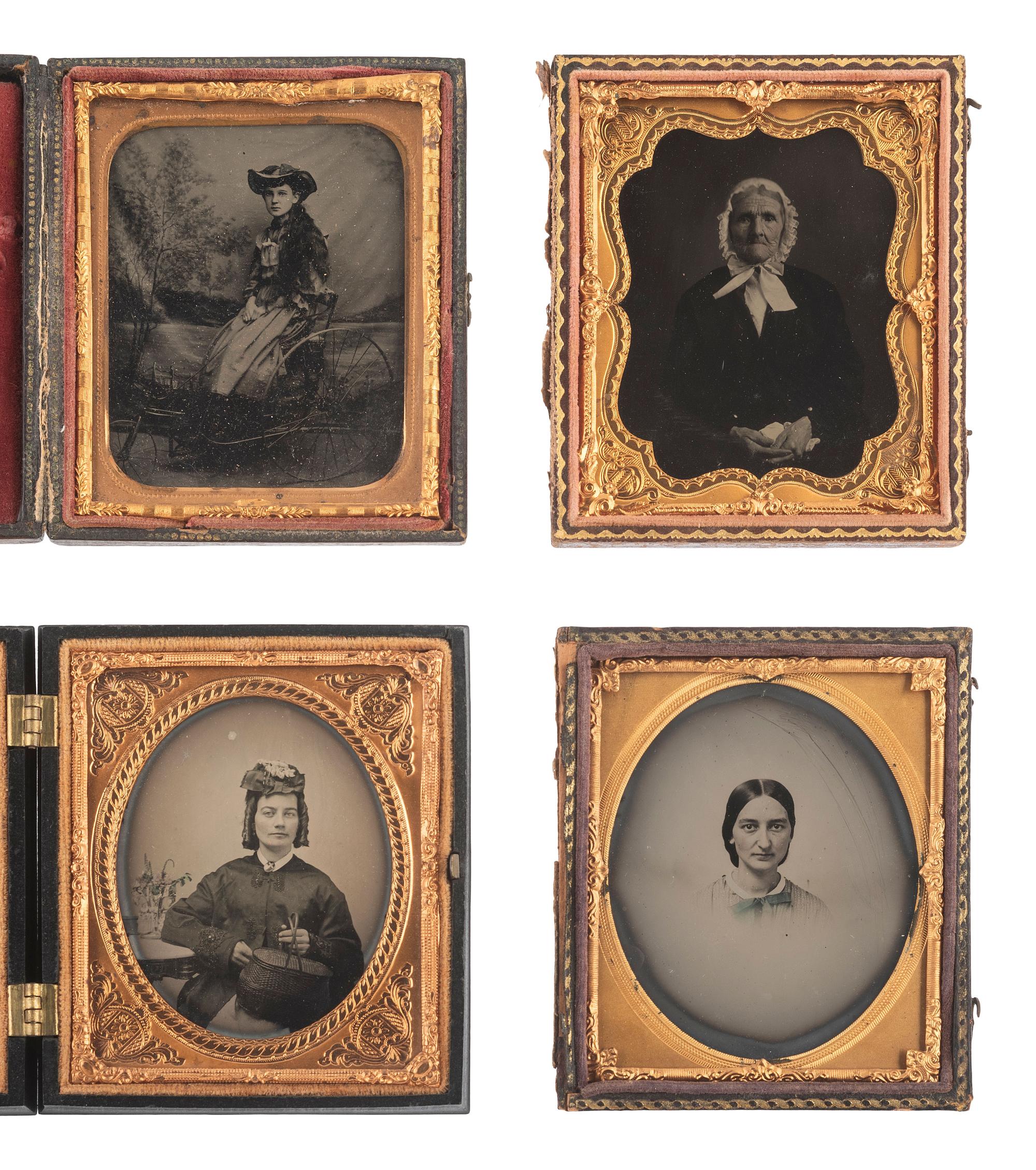 [EARLY PHOTOGRAPHY]. 57 sixth and ninth plate ambrotypes and tintypes of men and women.