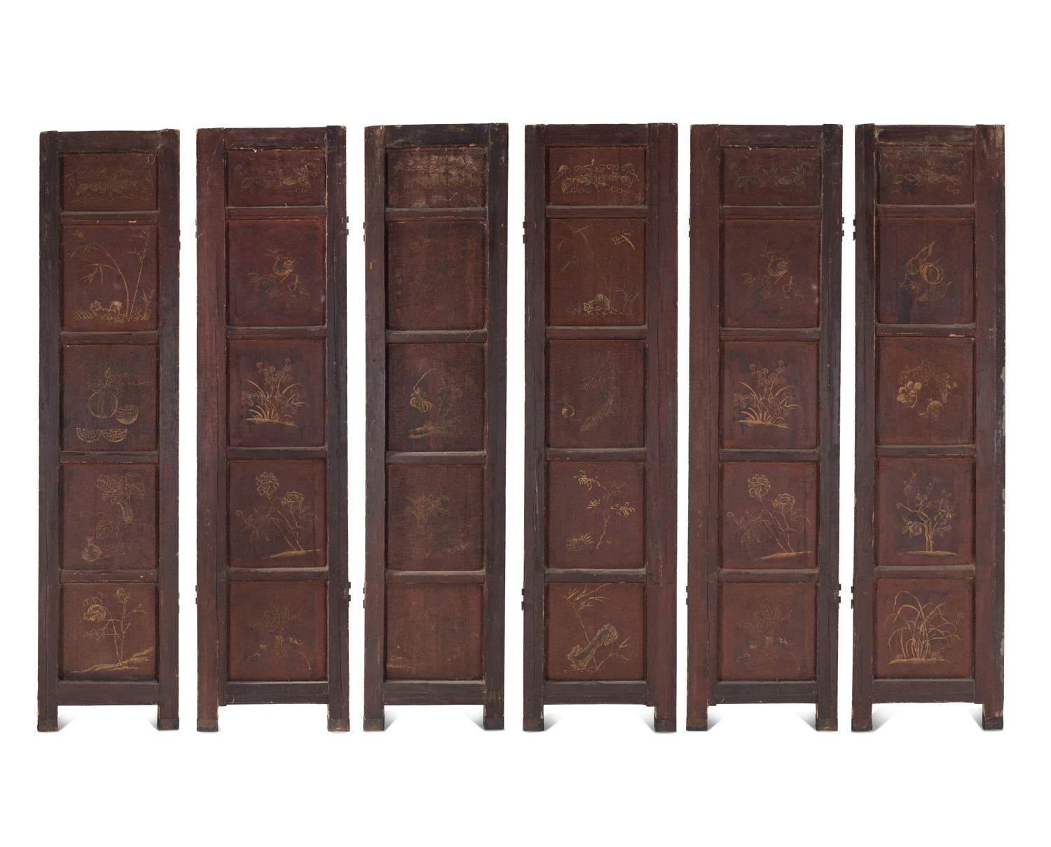 A Large Polychrome Lacquered Six-Panel Floor Screen
