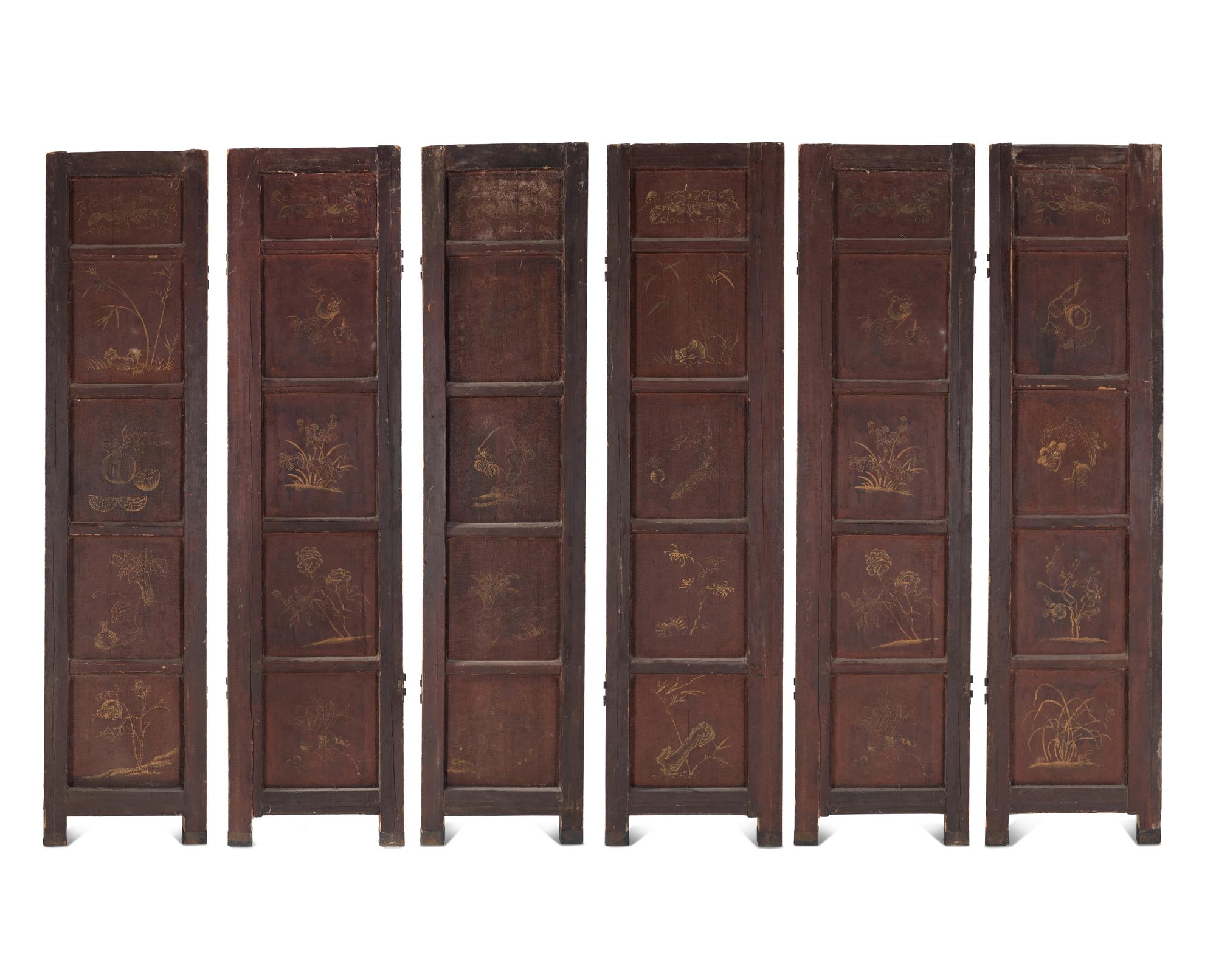 A Large Polychrome Lacquered Six-Panel Floor Screen