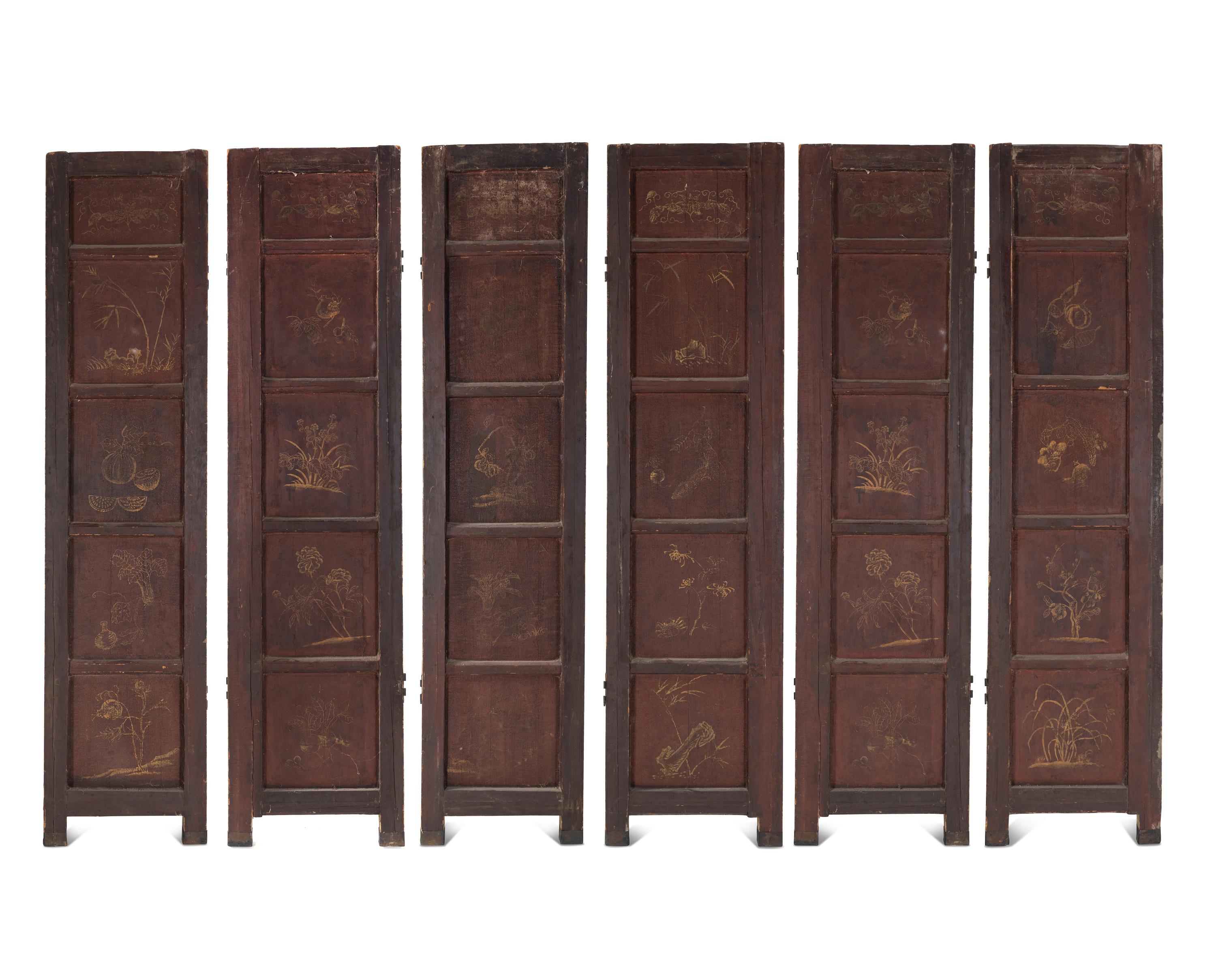 A Large Polychrome Lacquered Six-Panel Floor Screen