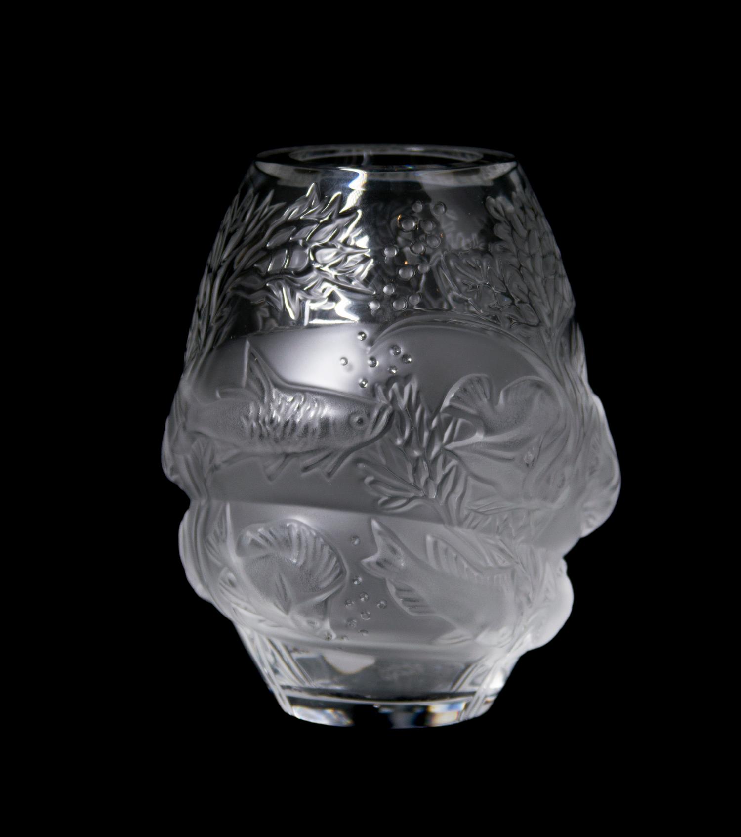 A Lalique Molded and Frosted Glass Vase, Height 6 5/8 inches.
