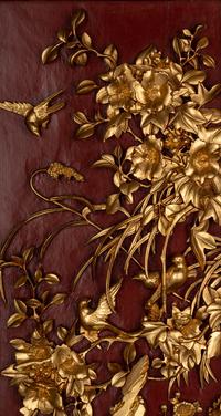 A Pair of Chinese Gilt and Red Lacquered Wood Wall Panels