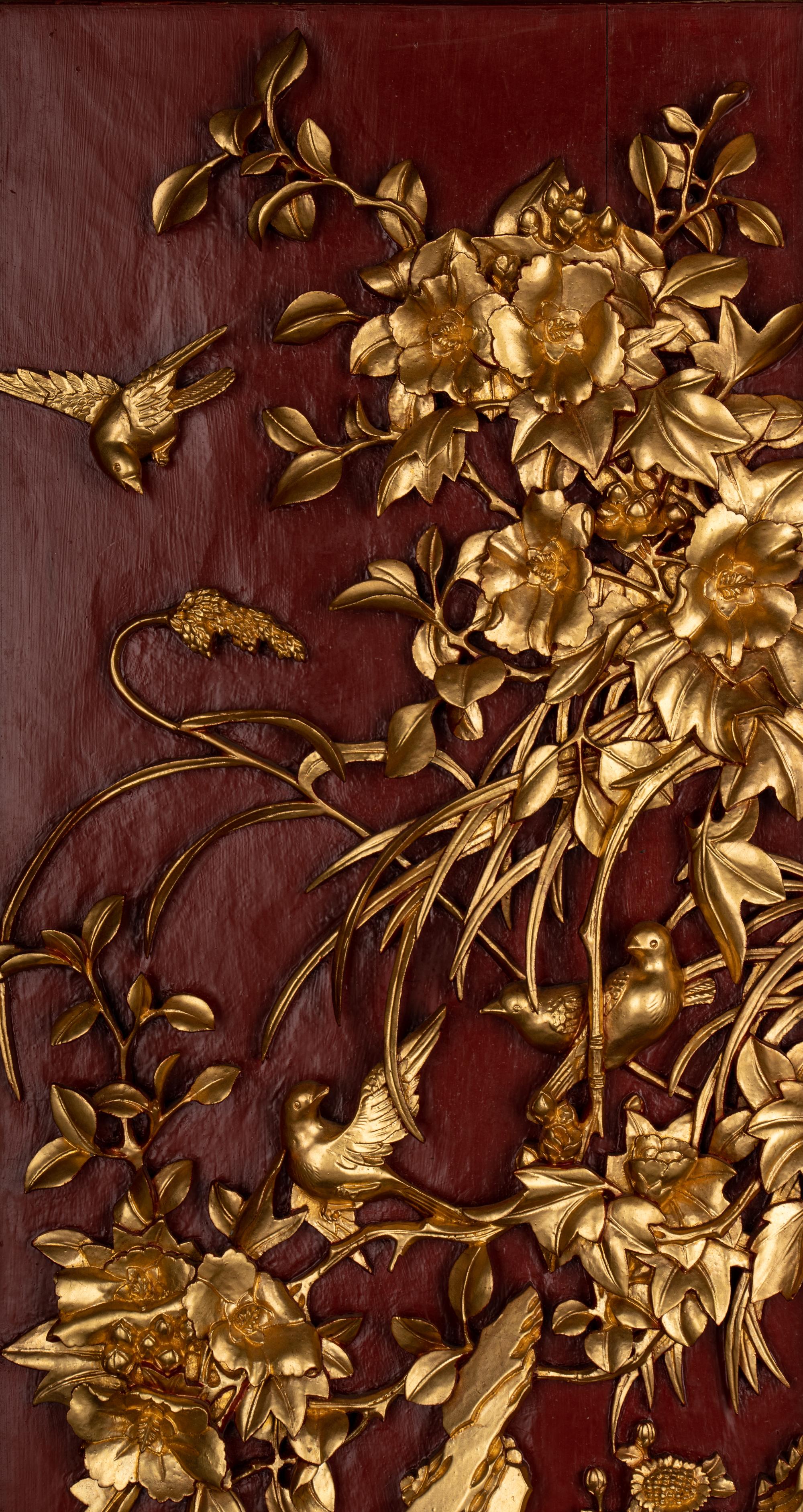 A Pair of Chinese Gilt and Red Lacquered Wood Wall Panels