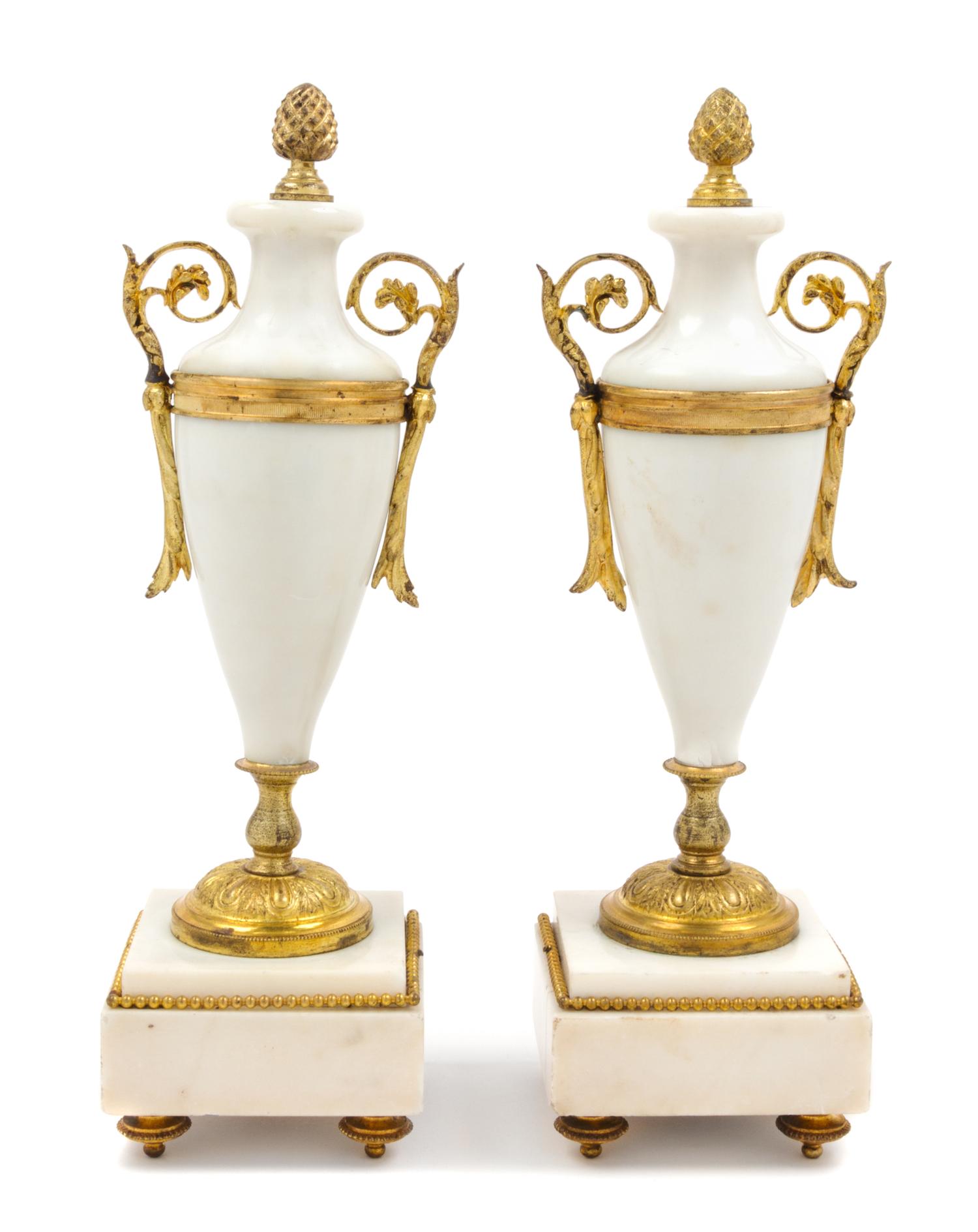 A Pair of Gilt Metal Mounted Marble Urns Height 12 inches. — 20TH CENTURY
