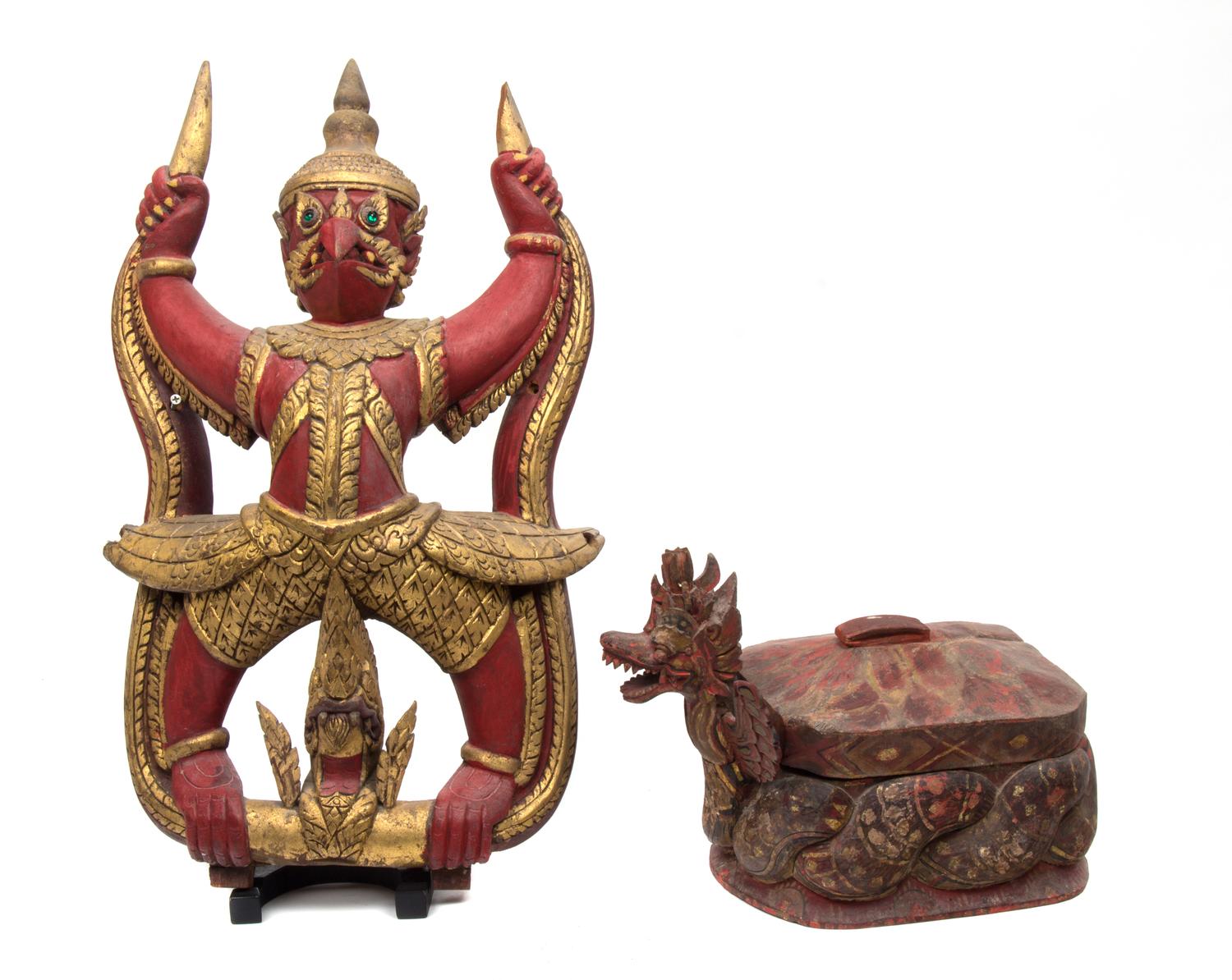 Two Balinese Polychromed and Carved Wood Articles Height of tallest 20 1/2 inches. — 19th to 20th CENTURY