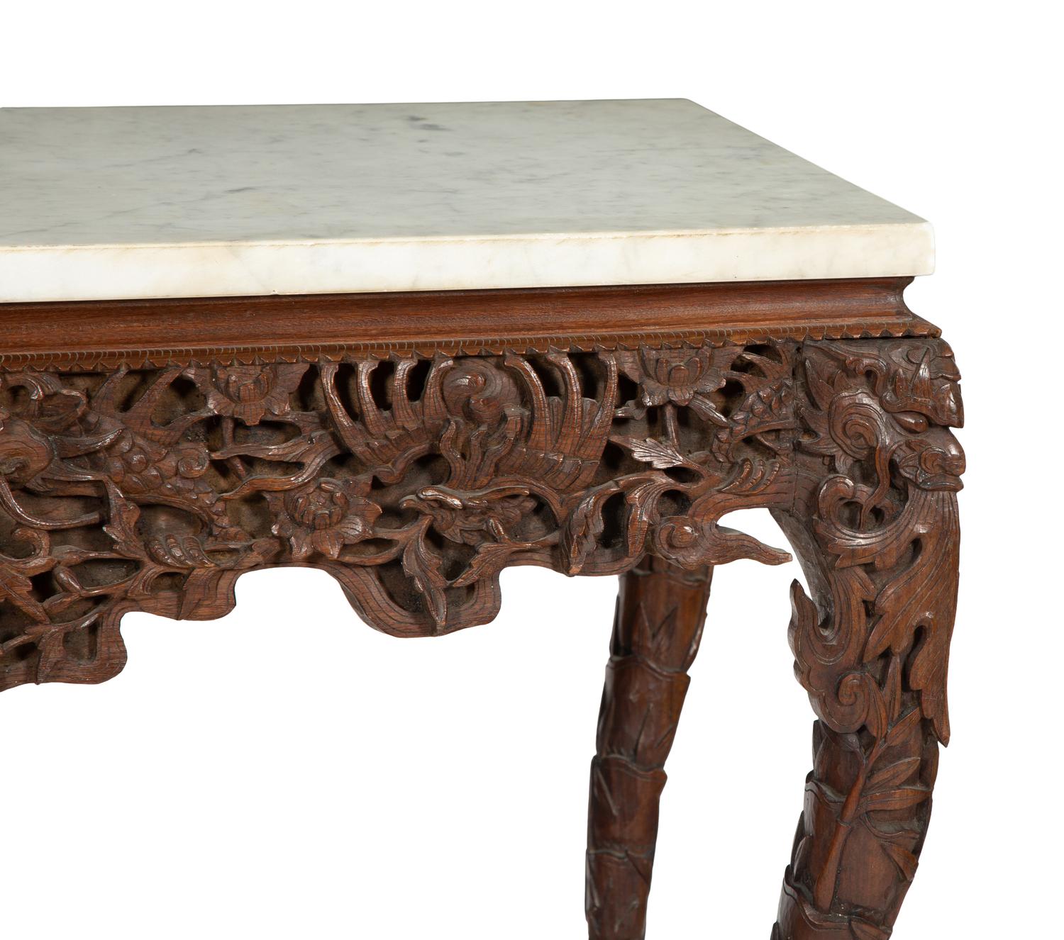 A Carved Anglo-Indian Rosewood Console Table with Carrara Marble Top