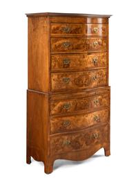 A George III Burl Walnut and Mahogany Serpentine Chest-on-Chest