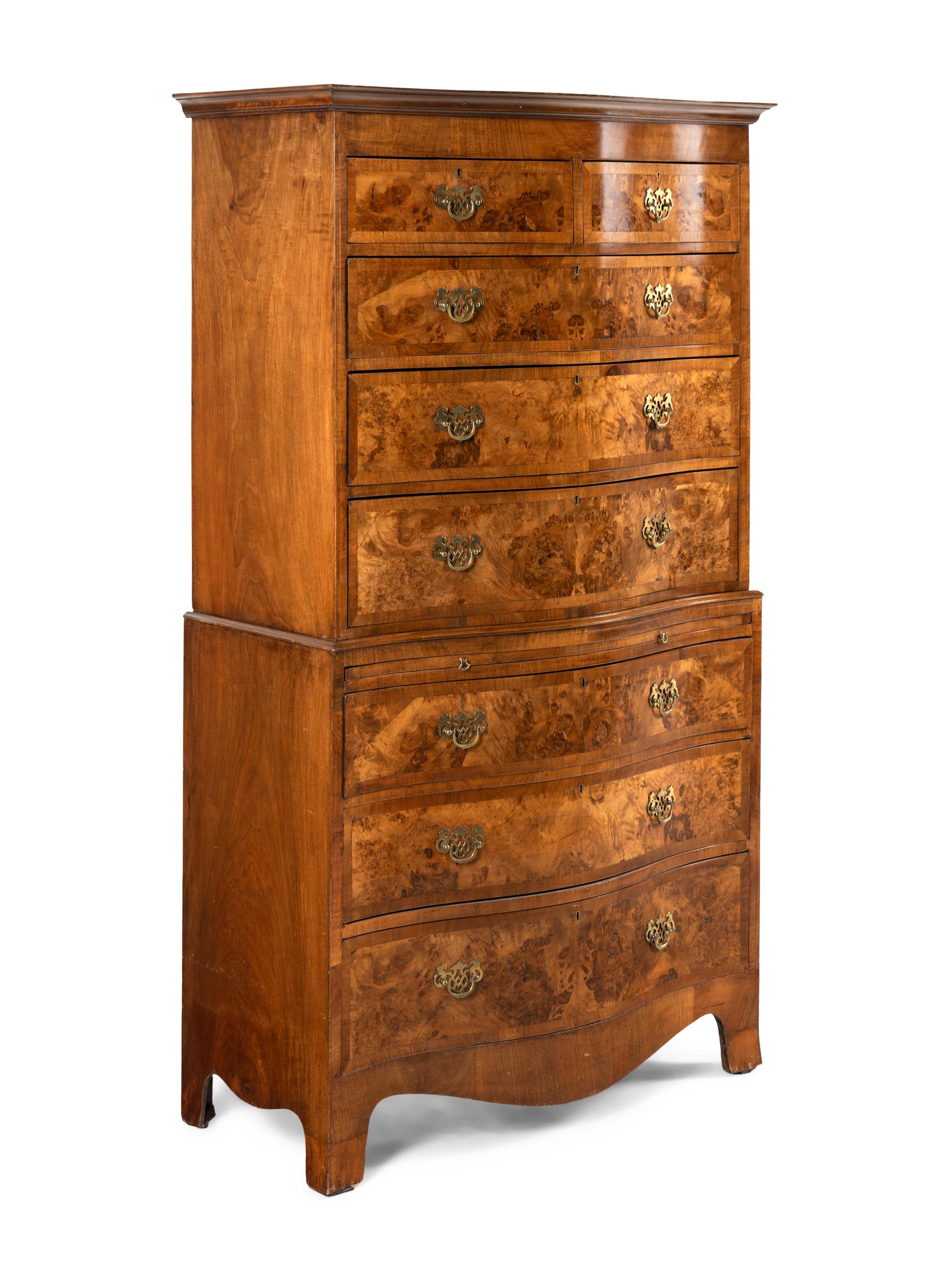 A George III Burl Walnut and Mahogany Serpentine Chest-on-Chest