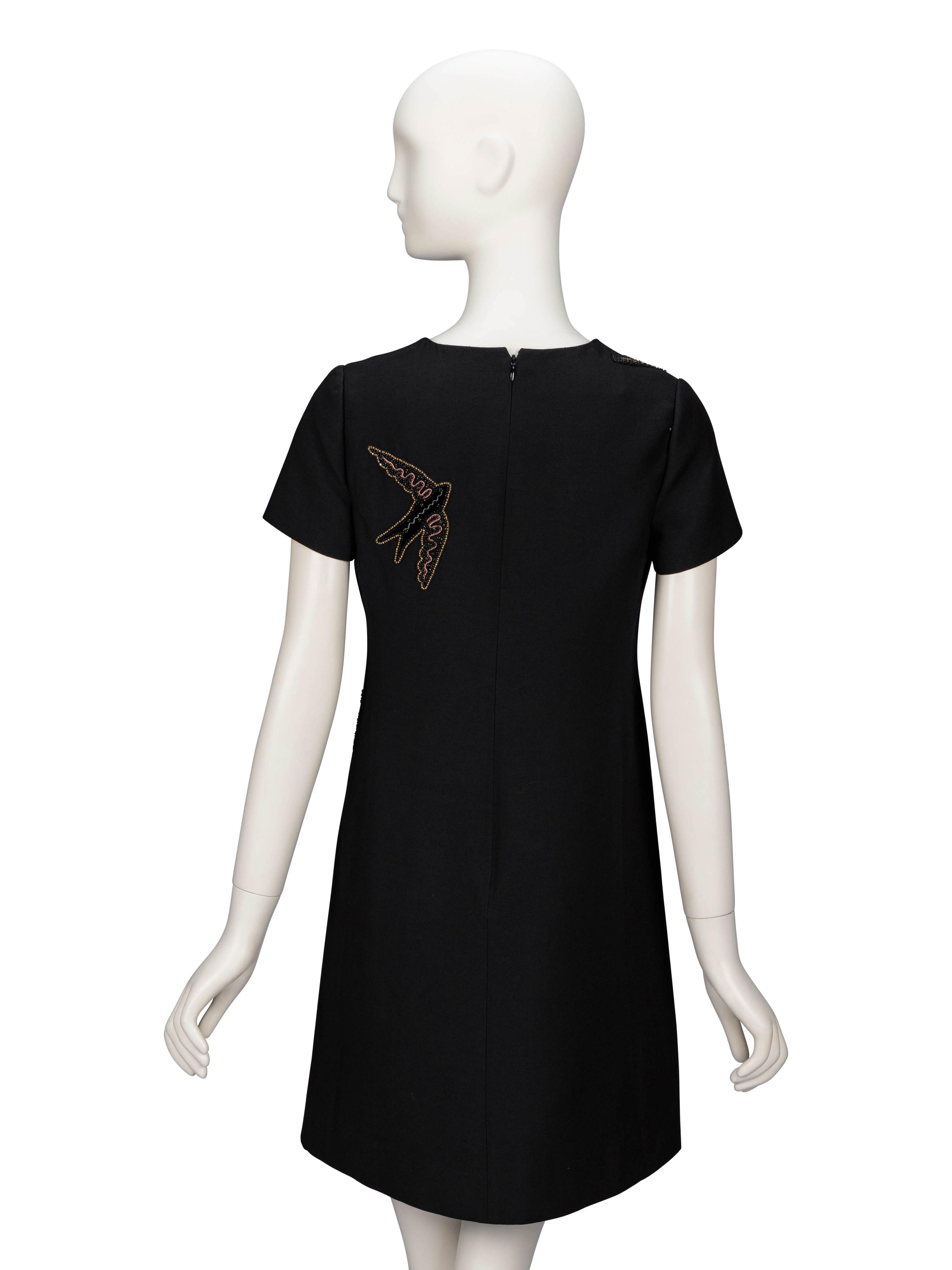 Valentino, Bird-Embroidered Black Sheath Dress