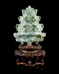 A Large Chinese Imperial Pierce- and Relief Carved Jadeite Four Tier Tripod Censer LATE QING DYNASTY — LATE QING DYNASTY
