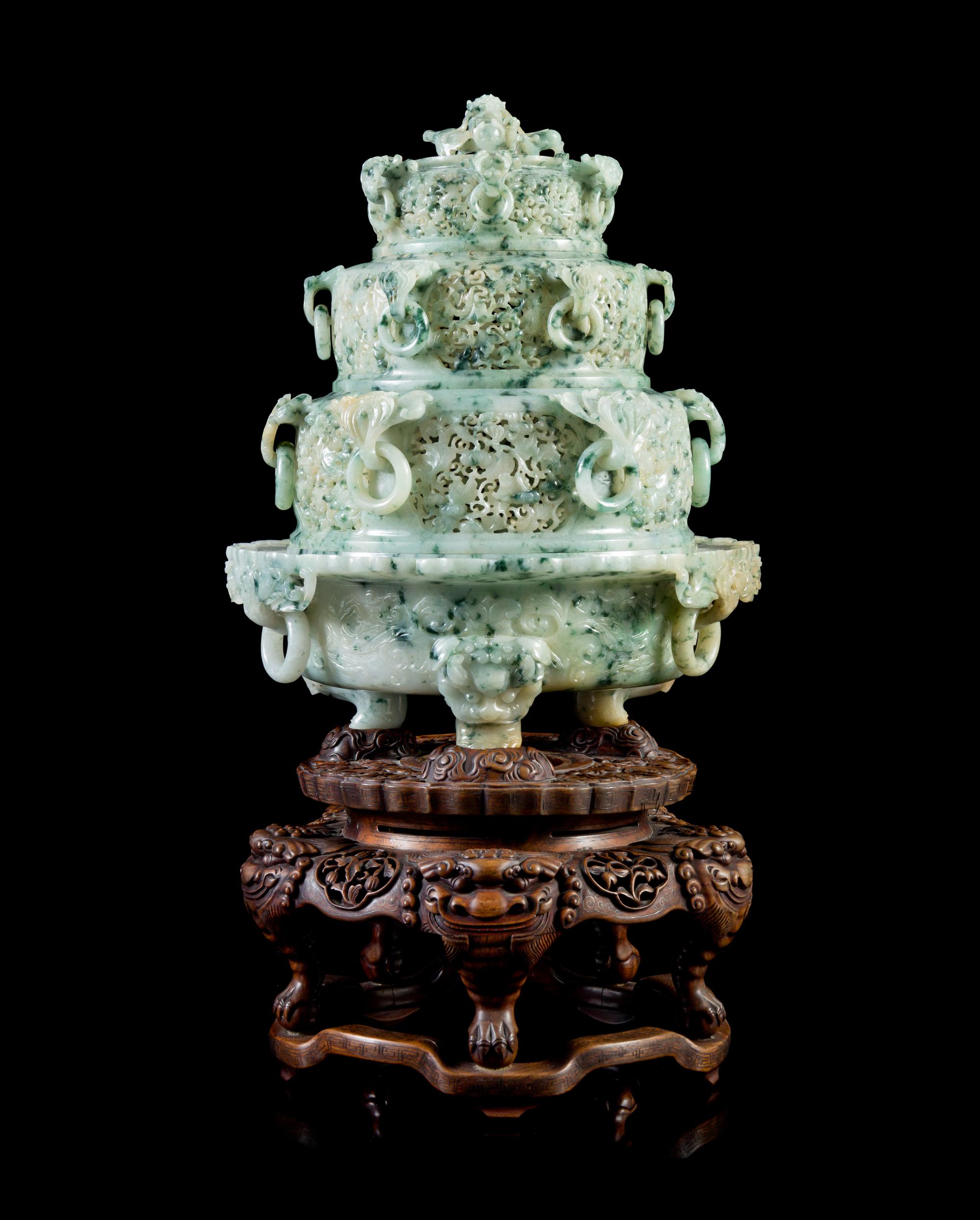 A Large Chinese Imperial Pierce- and Relief Carved Jadeite Four Tier Tripod Censer LATE QING DYNASTY — LATE QING DYNASTY