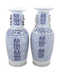 A Pair of Chinese Blue and White Porcelain Baluster Vases