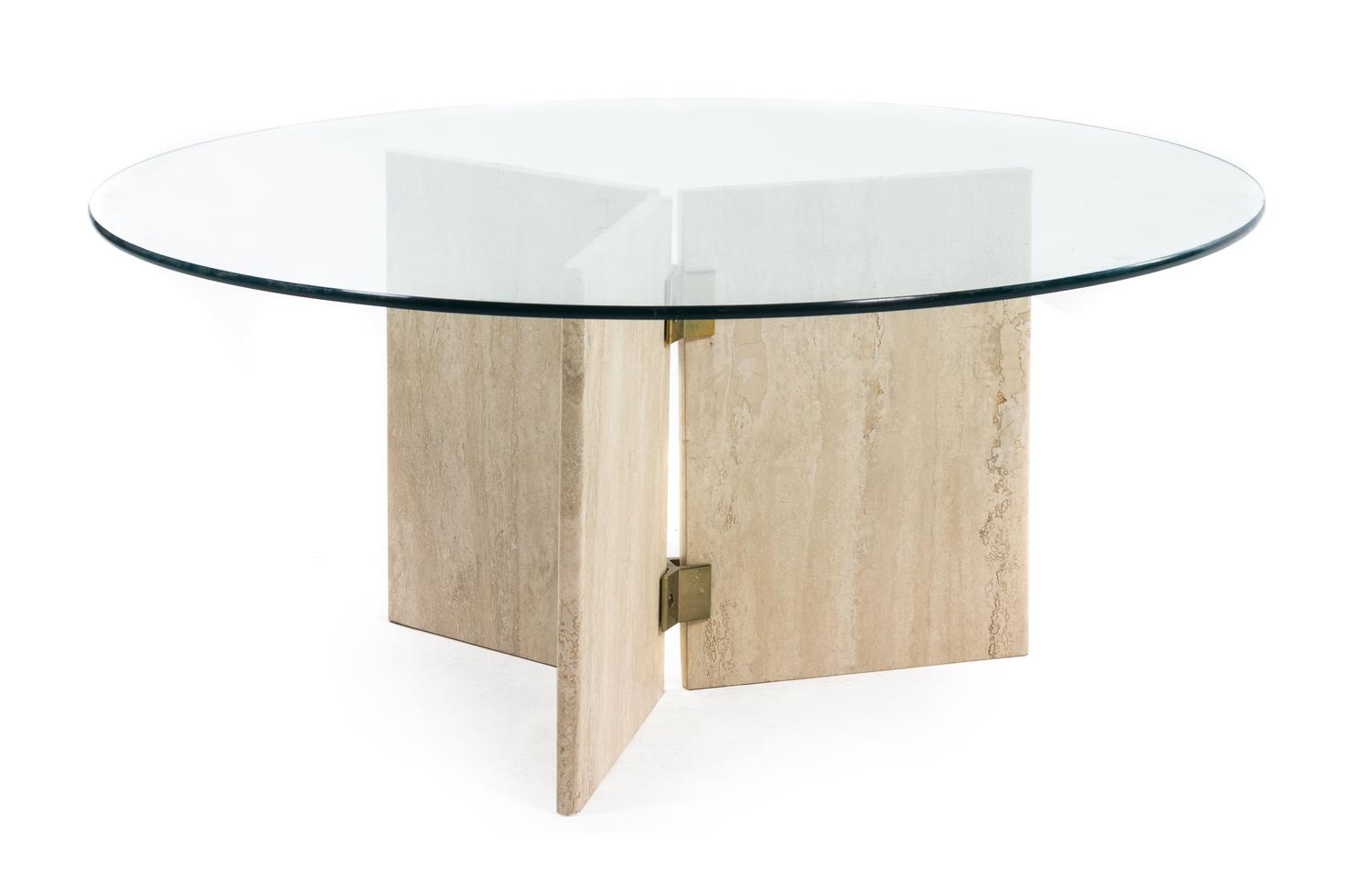 An Italian Brass Mounted Travertine and Glass Low Table Height 16 1/8 x diameter 36 inches.