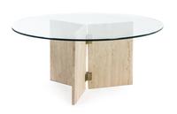An Italian Brass Mounted Travertine and Glass Low Table Height 16 1/8 x diameter 36 inches.