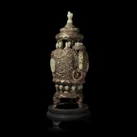 A Mongolian Jade Inset Incense Burner 蒙古式嵌玉香爐
