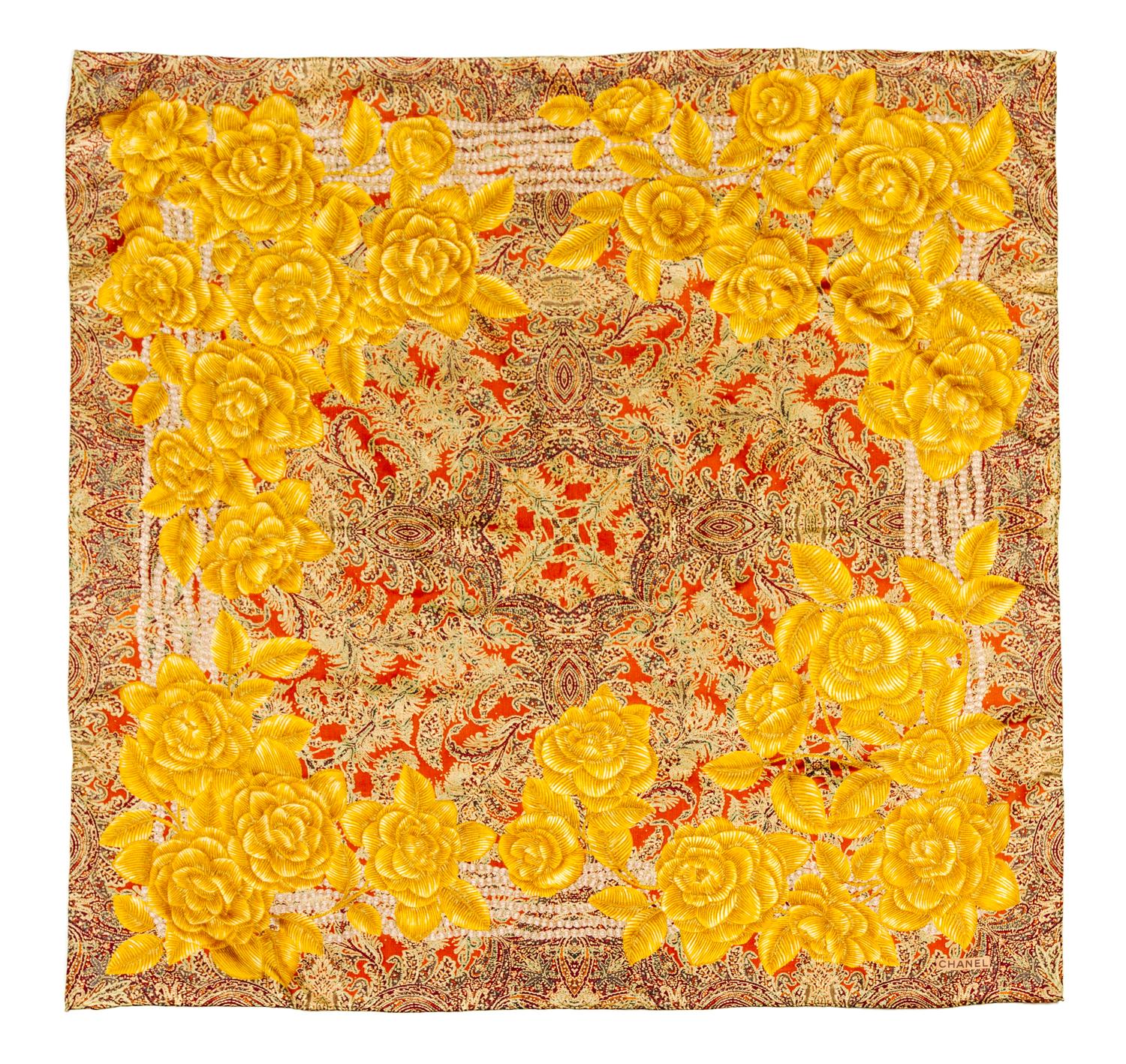 A Chanel Gold Silk Scarf, 34 x 34 inches.