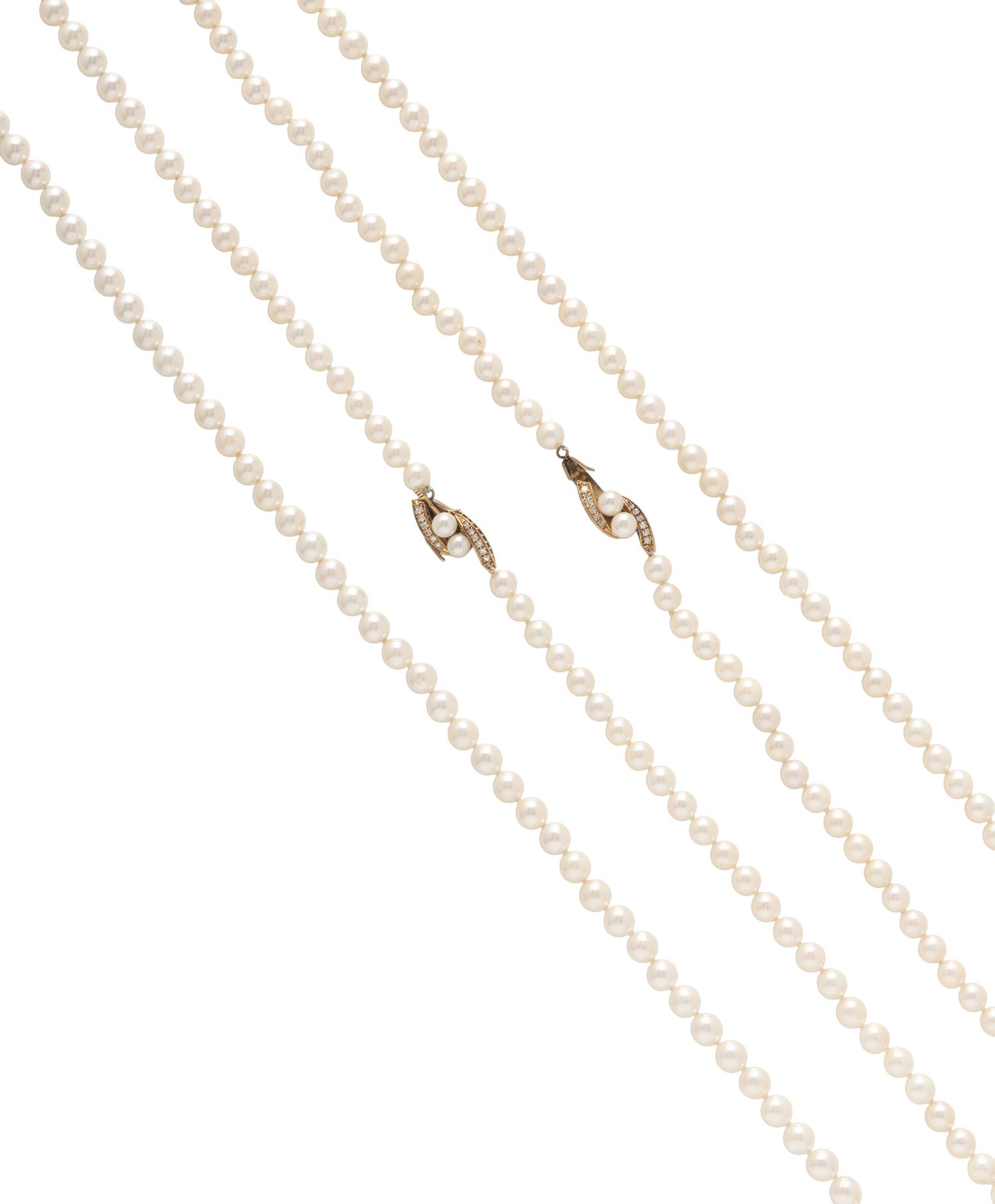 TWO CULTURED PEARL AND DIAMOND NECKLACES