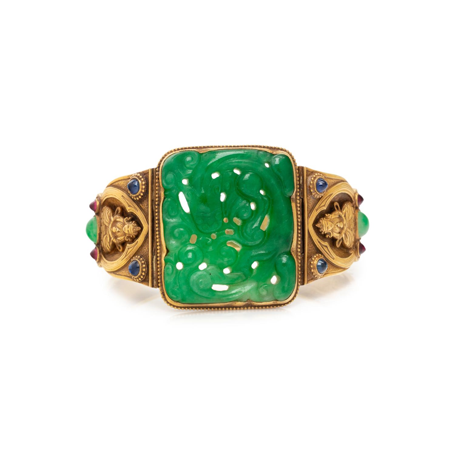 YELLOW GOLD, JADE AND MULTIGEM BANGLE BRACELET