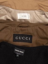 Three Designer Outerwear Pieces: One The Row Trench, One Gucci Trench, and One Armani Knit Jacket