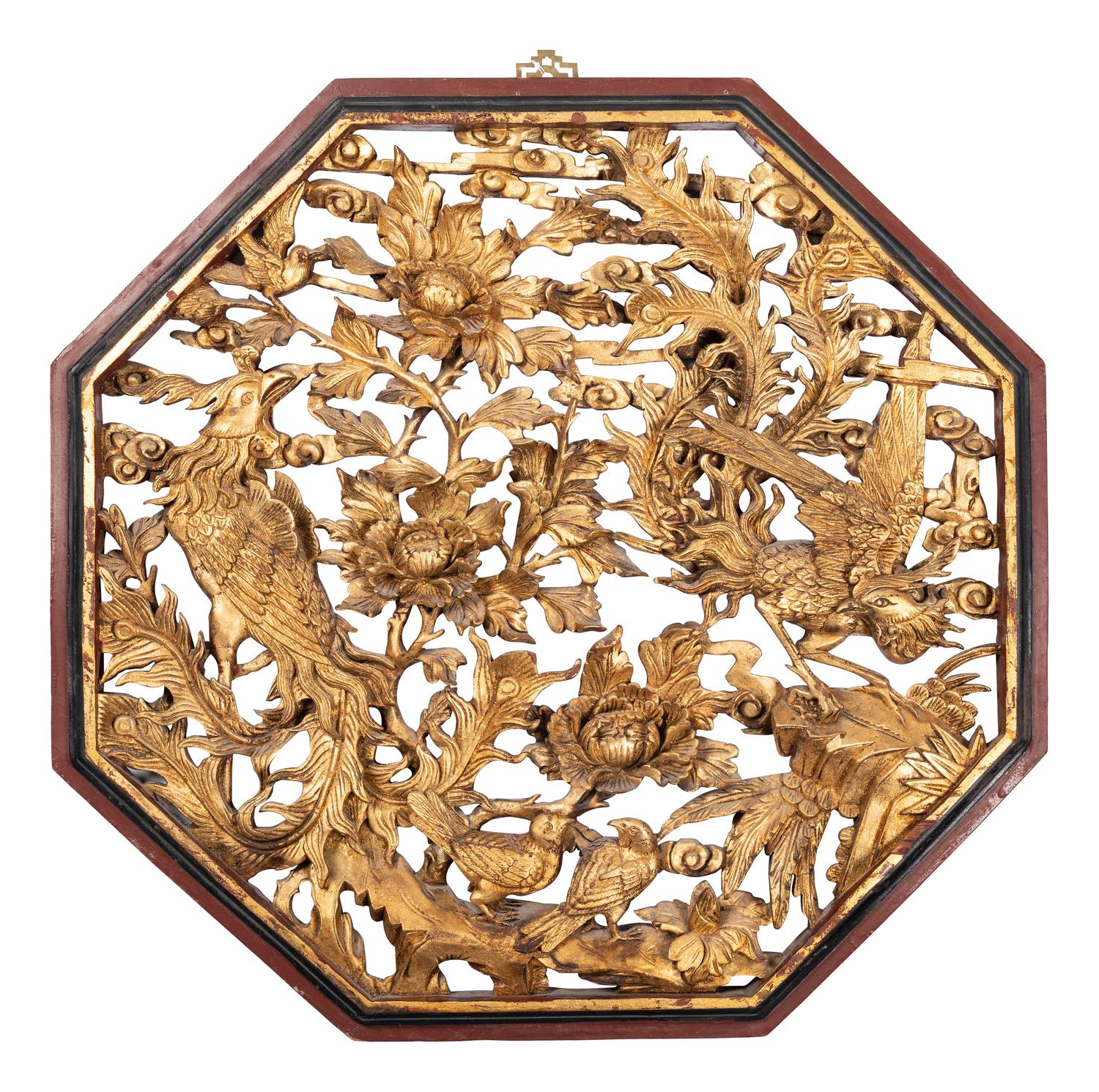 A Chinese Lacquered Carved Wood 'Flower and Bird' Panel