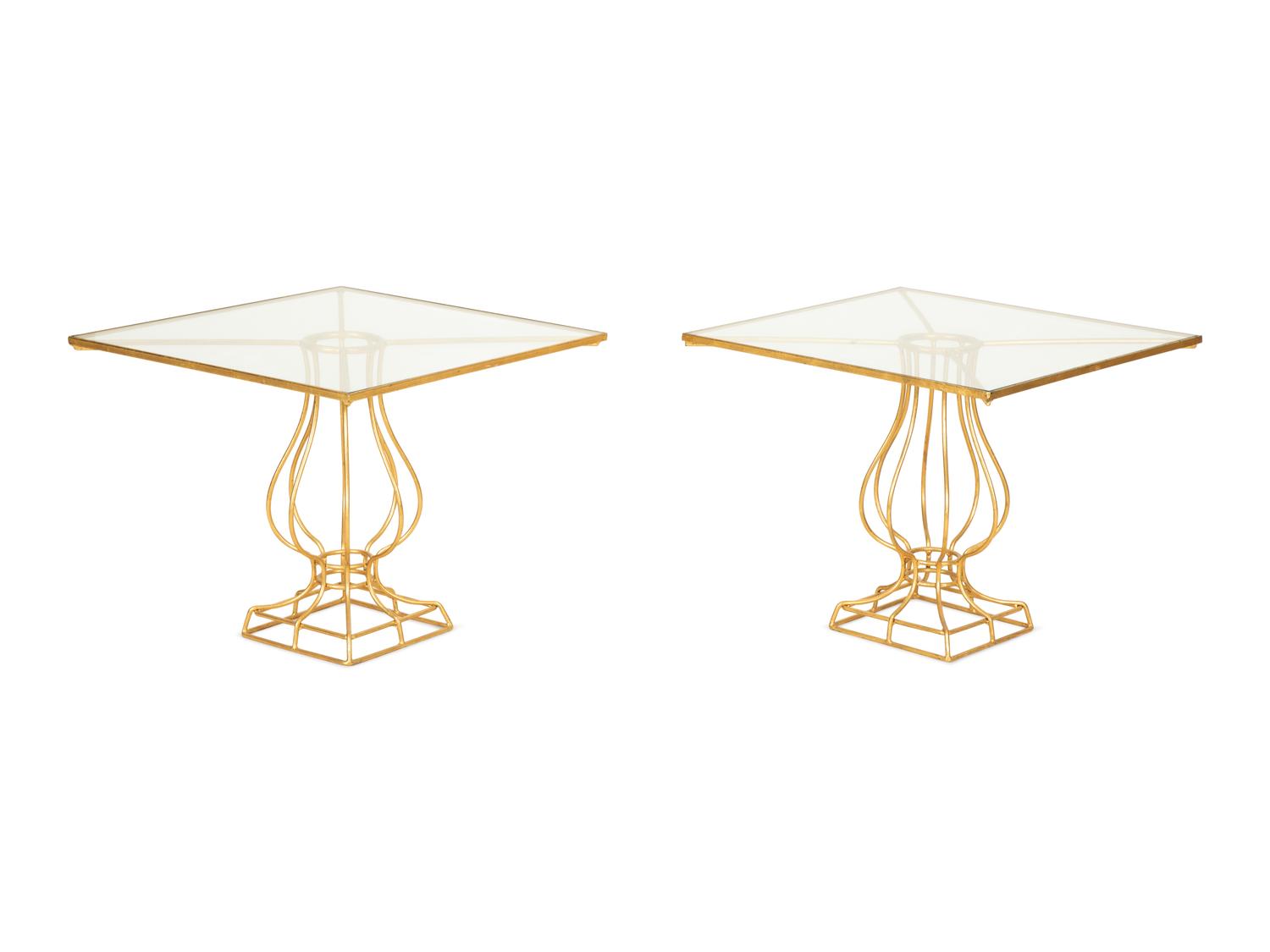 A Pair of Gilt Metal Urn Form Glass Top Low Tables