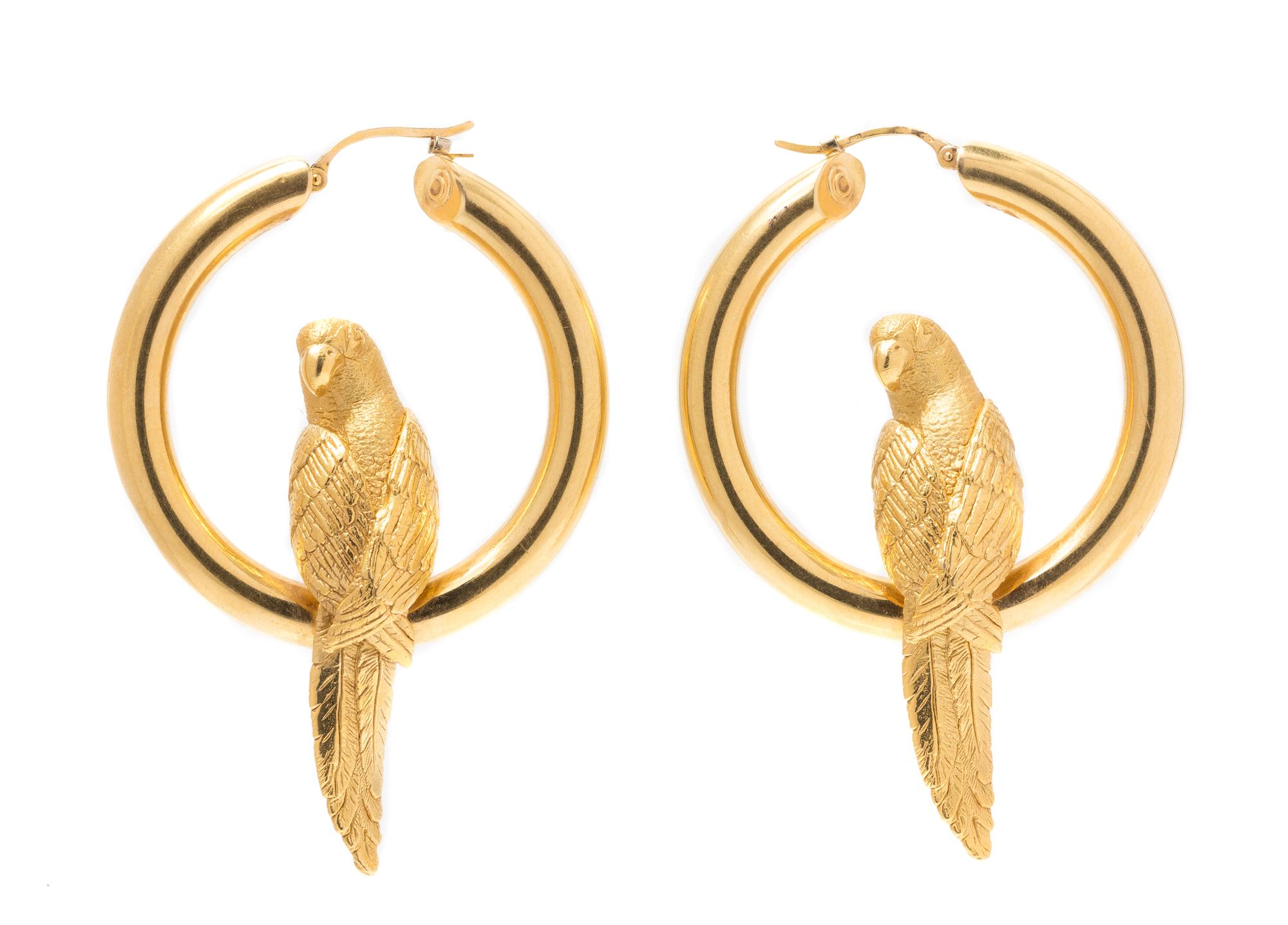 A Pair of 18 Karat Yellow Gold Parrot Motif Hoop Earrings, French, 7.20 dwts.