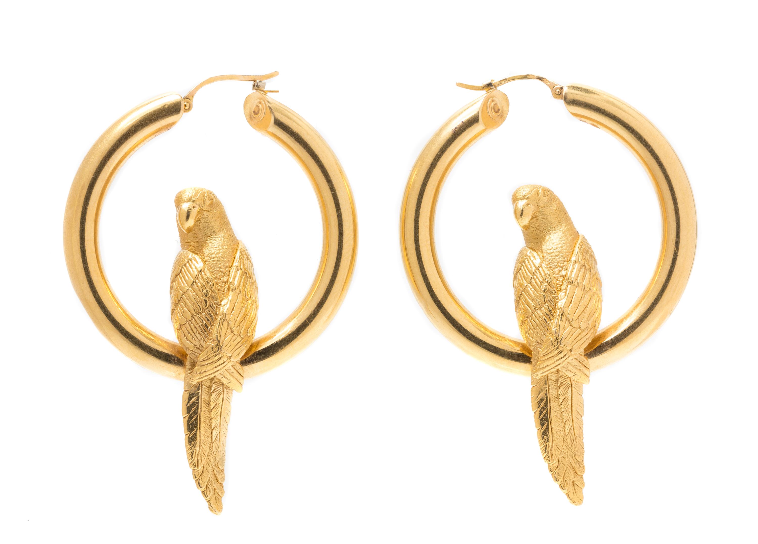 A Pair of 18 Karat Yellow Gold Parrot Motif Hoop Earrings, French, 7.20 dwts.