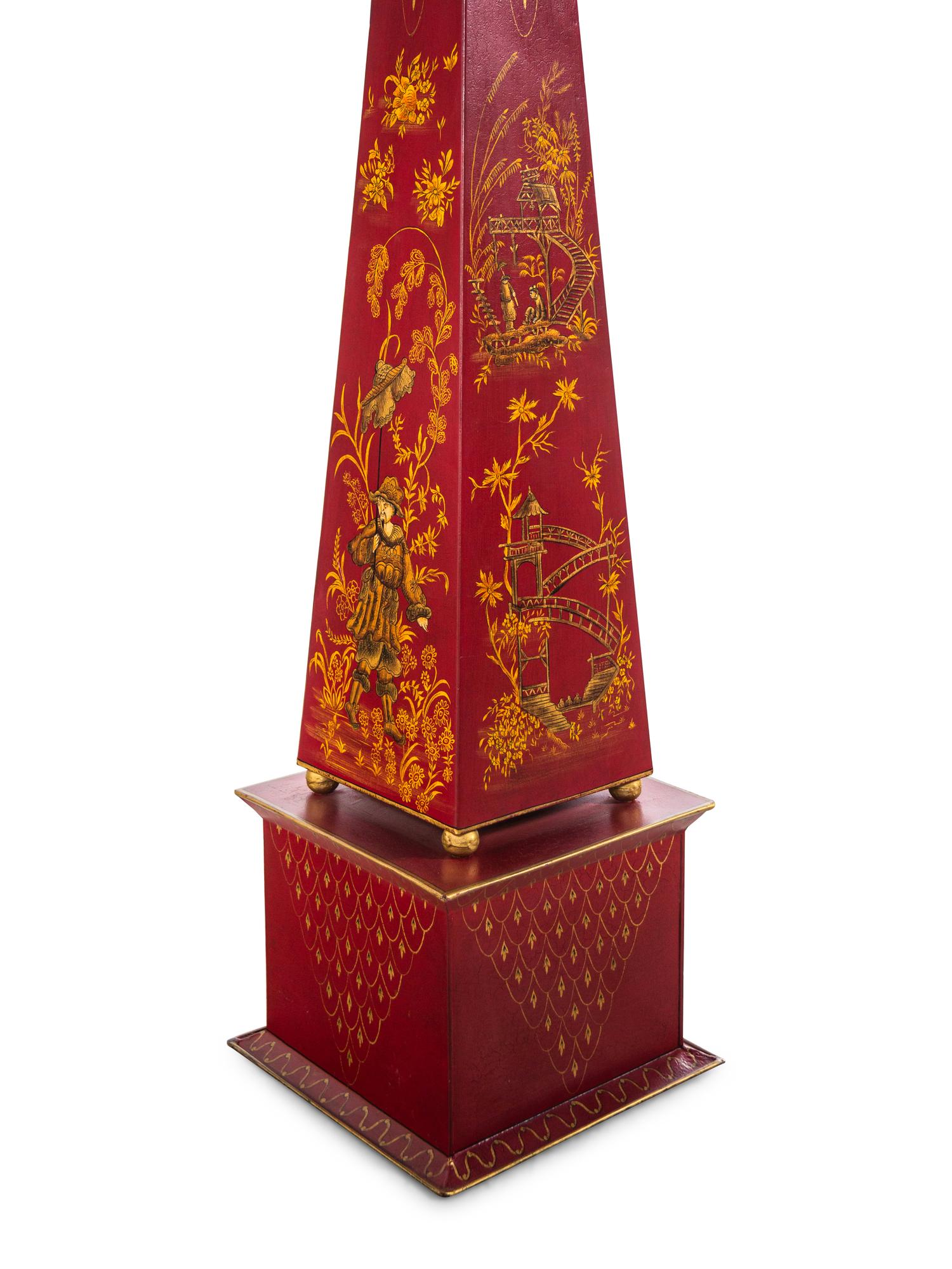 A Pair of Chinoiserie Decorated Tôle Obelisks