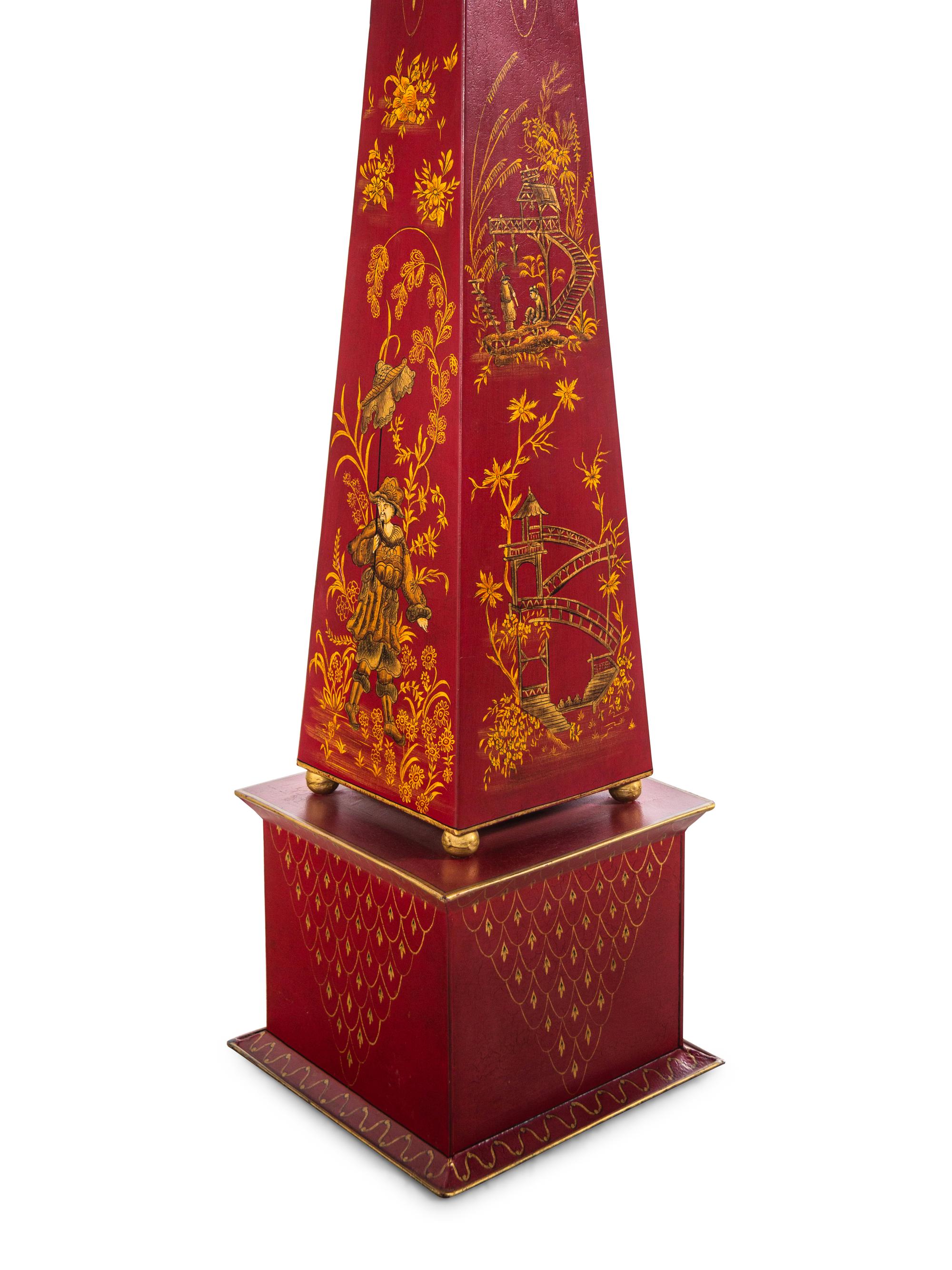 A Pair of Chinoiserie Decorated Tôle Obelisks