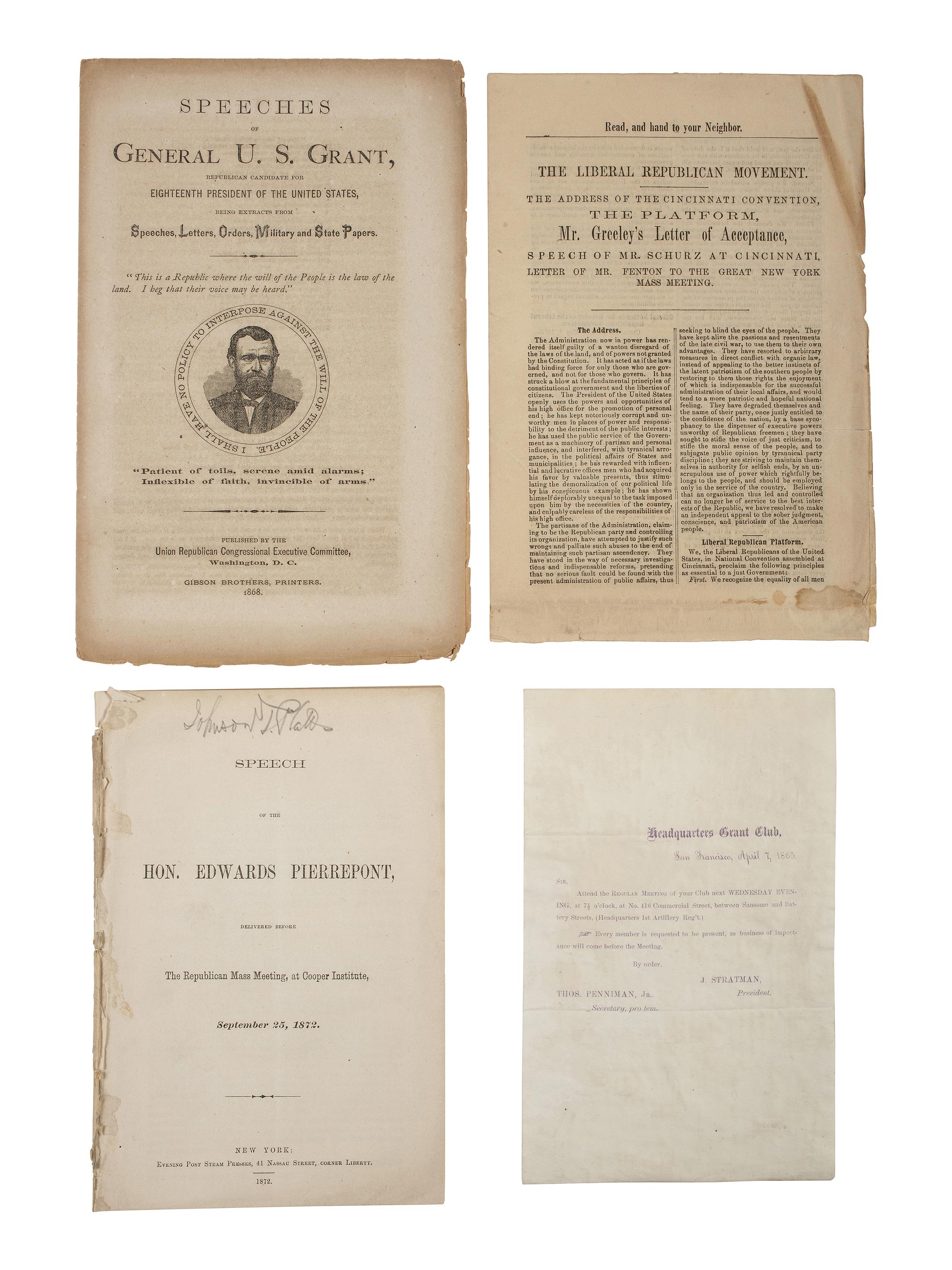 [GRANT, U.S. (1822-1885)]. Items related to the 1868 and 1872 presidential elections, comprising: