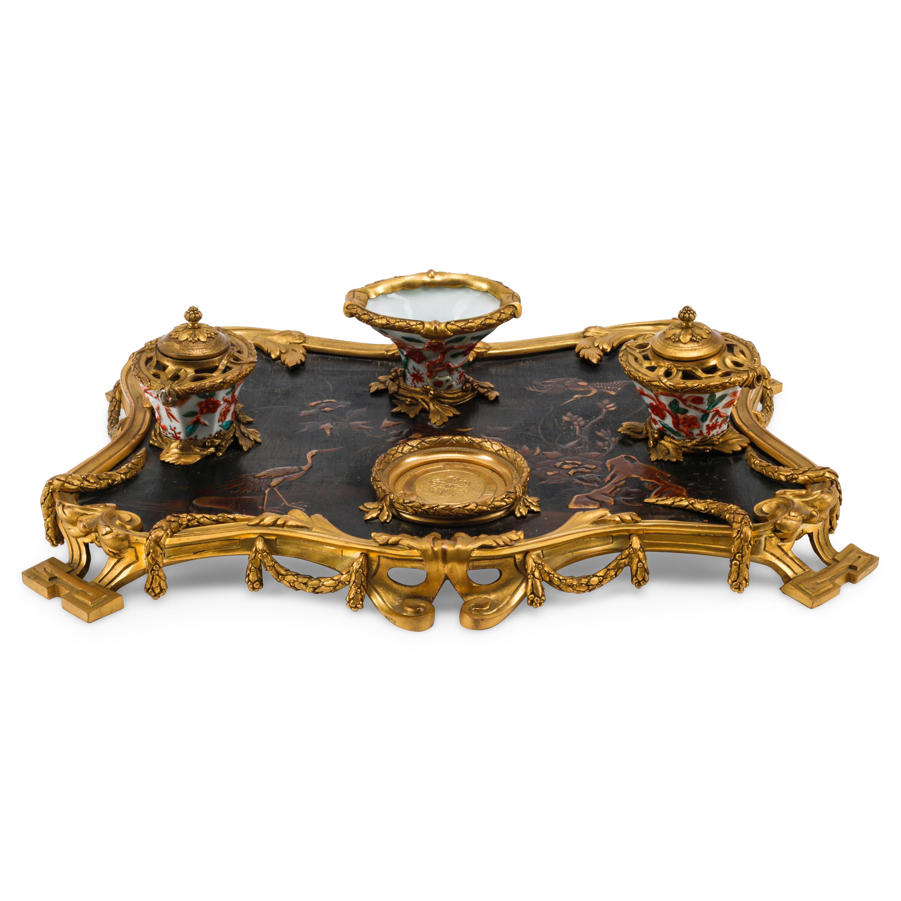 A French Gilt Bronze, Lacquer and Porcelain Standish