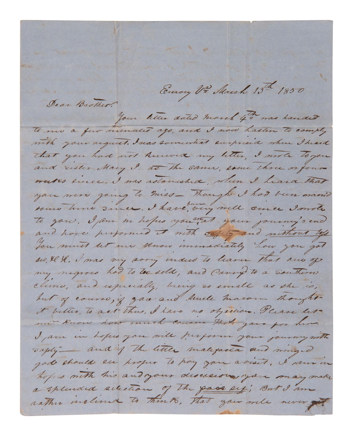 [ENSLAVEMENT]. 2 letters regarding the effects of heat and sun exposure on enslaved persons. 1850.