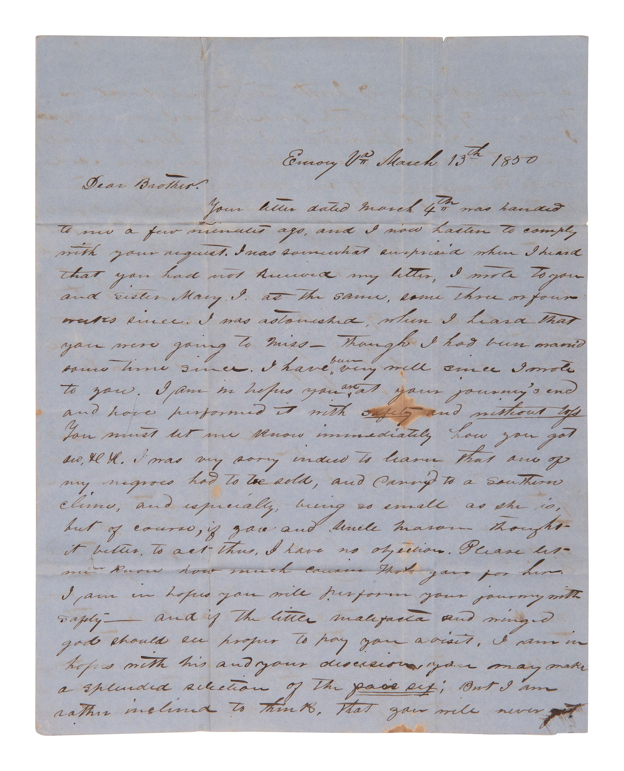 [ENSLAVEMENT]. 2 letters regarding the effects of heat and sun exposure on enslaved persons. 1850.