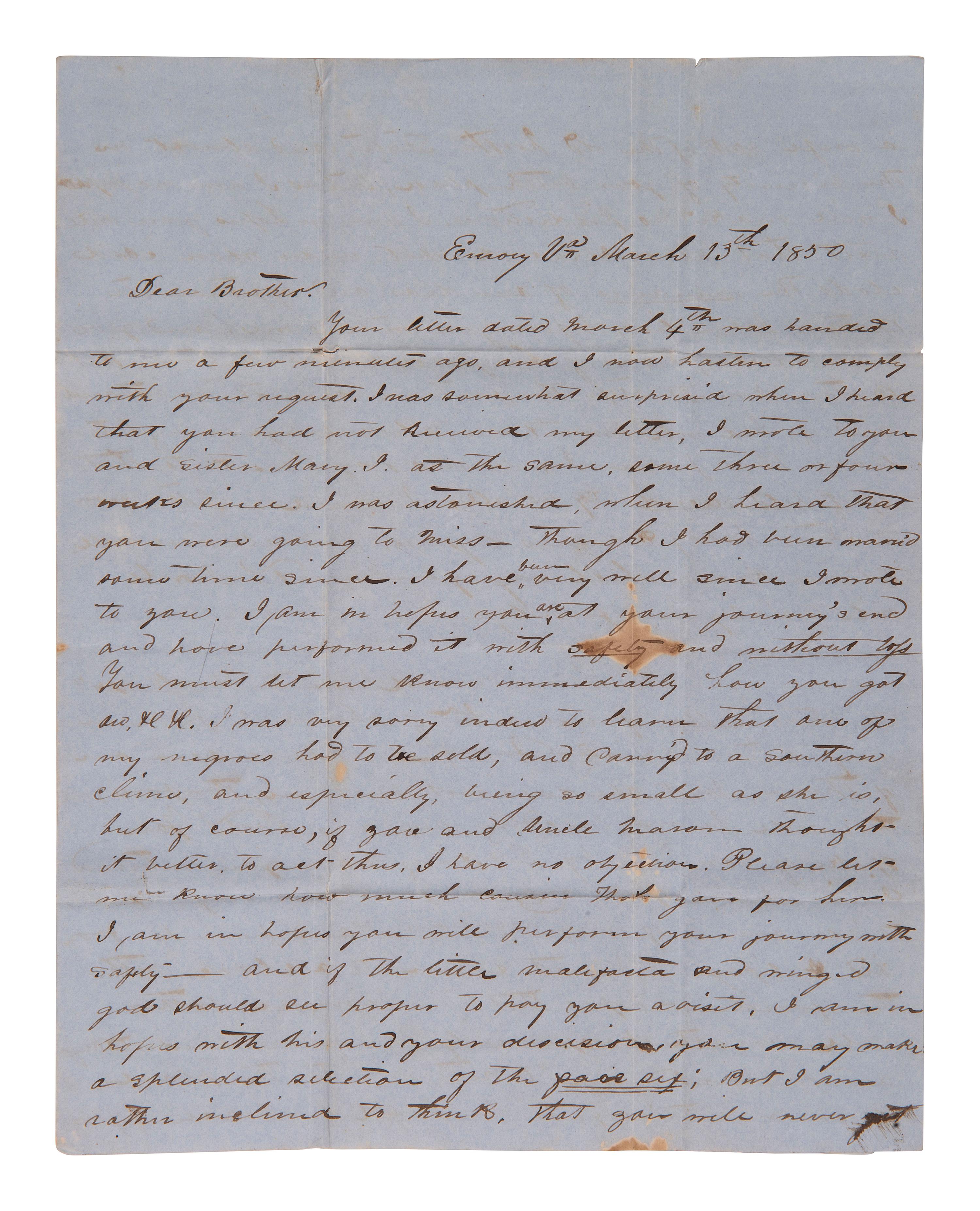 [ENSLAVEMENT]. 2 letters regarding the effects of heat and sun exposure on enslaved persons. 1850.