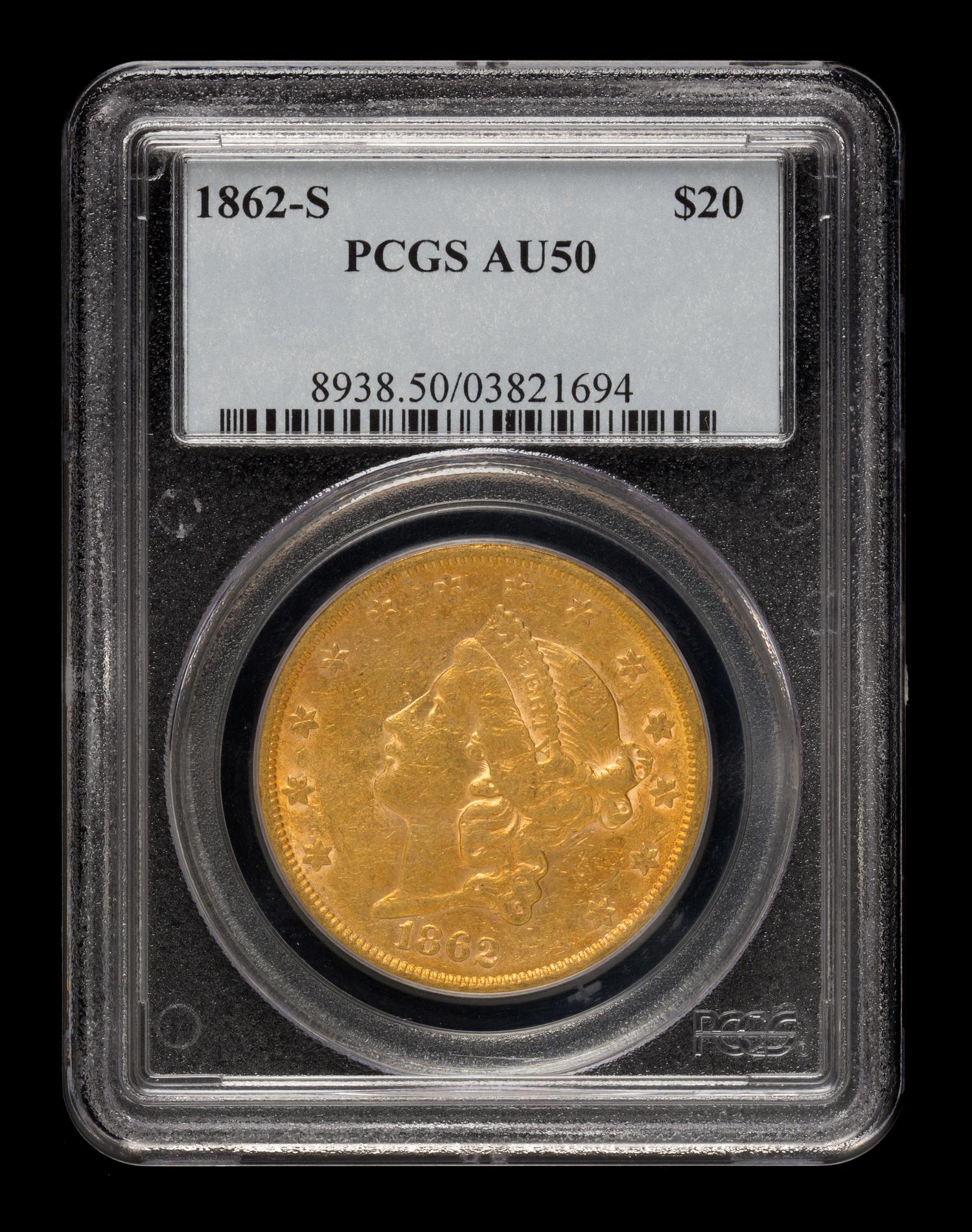 A United States 1862-S Liberty Head $20 Gold Coin
