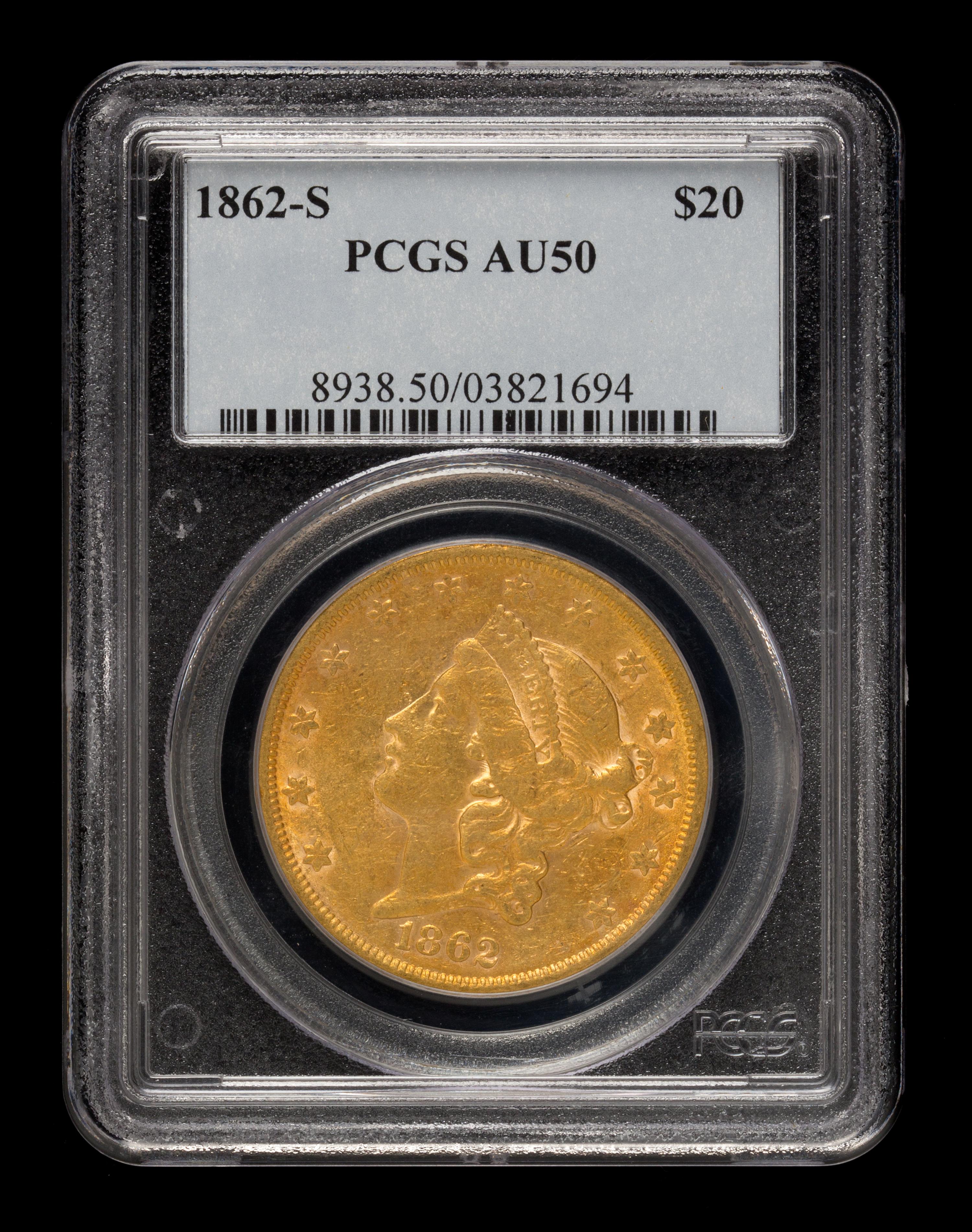 A United States 1862-S Liberty Head $20 Gold Coin