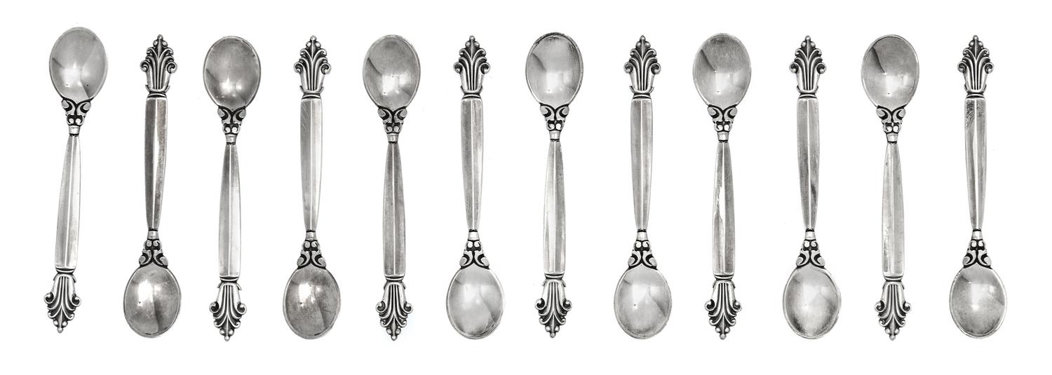 A Set of Twelve Danish Silver Salt Spoons, Georg Jensen Silversmithy, Copenhagen,, Acanthus pattern.