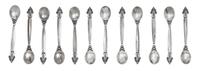 A Set of Twelve Danish Silver Salt Spoons, Georg Jensen Silversmithy, Copenhagen,, Acanthus pattern.
