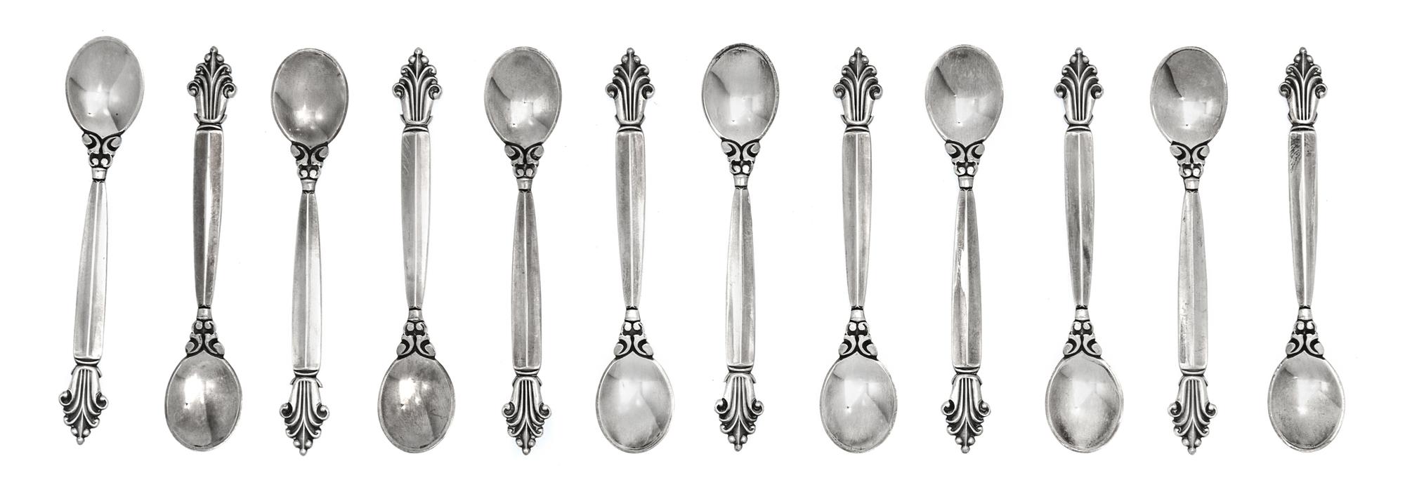 A Set of Twelve Danish Silver Salt Spoons, Georg Jensen Silversmithy, Copenhagen,, Acanthus pattern.