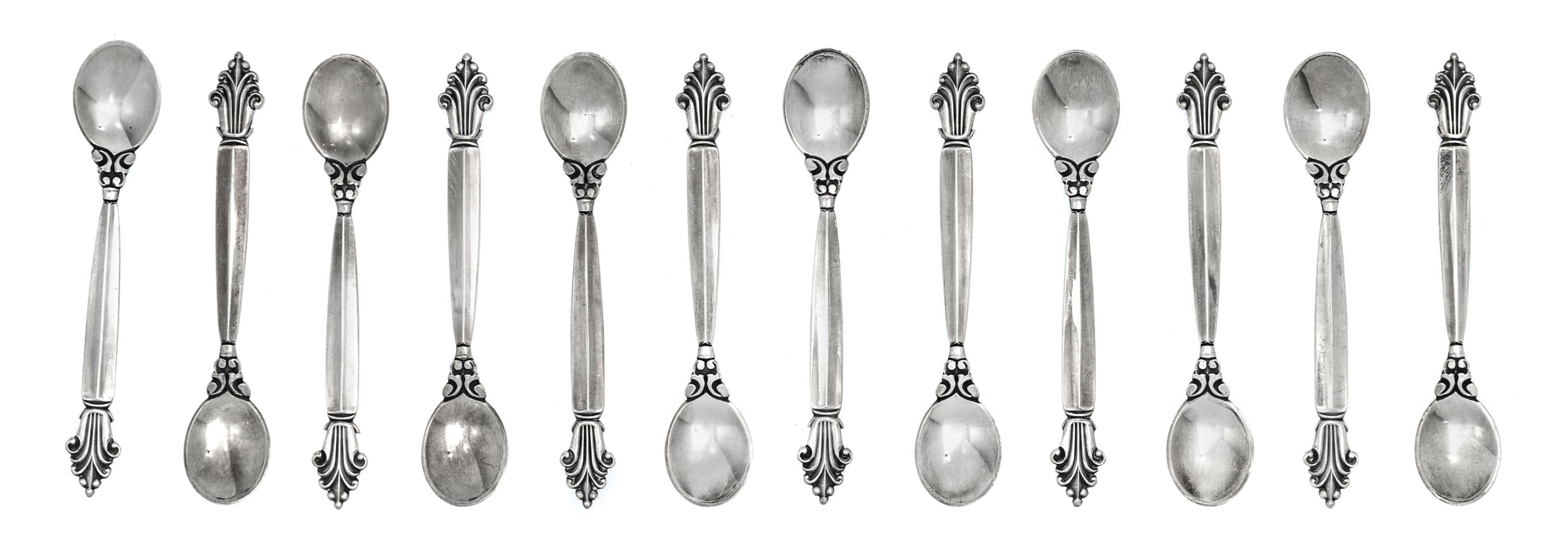 A Set of Twelve Danish Silver Salt Spoons, Georg Jensen Silversmithy, Copenhagen,, Acanthus pattern.